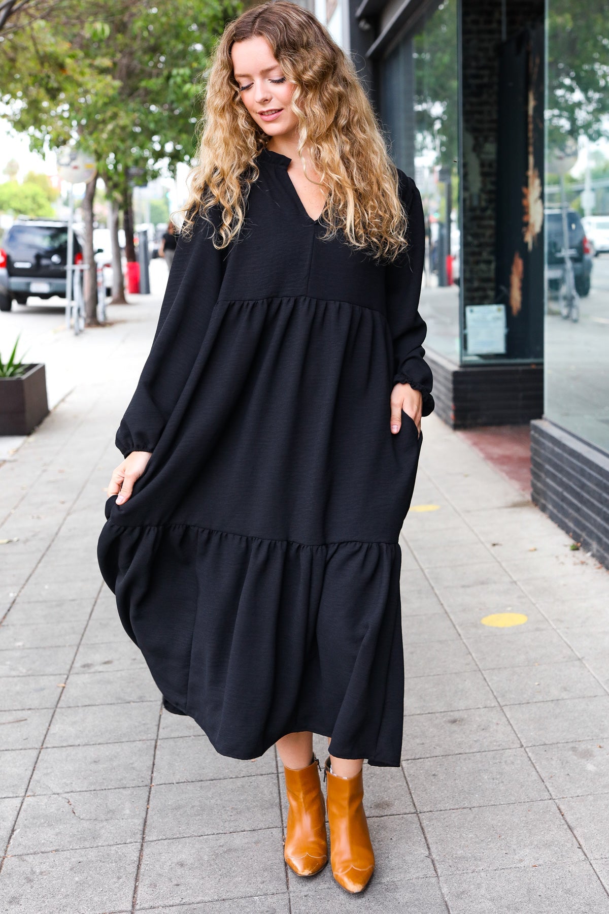 Lock Eyes Black Notched Neck Frill Hem Tiered Maxi Dress-Modish Lily, Tecumseh Michigan