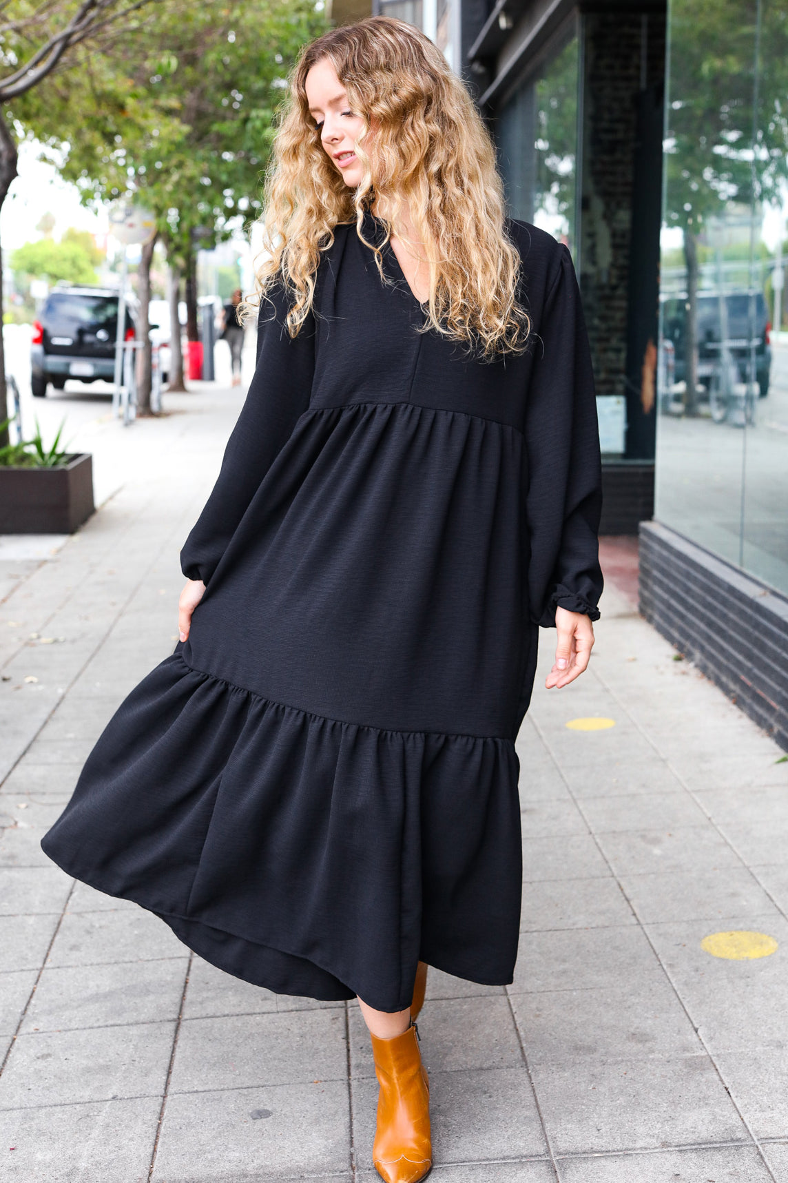 Lock Eyes Black Notched Neck Frill Hem Tiered Maxi Dress-Modish Lily, Tecumseh Michigan