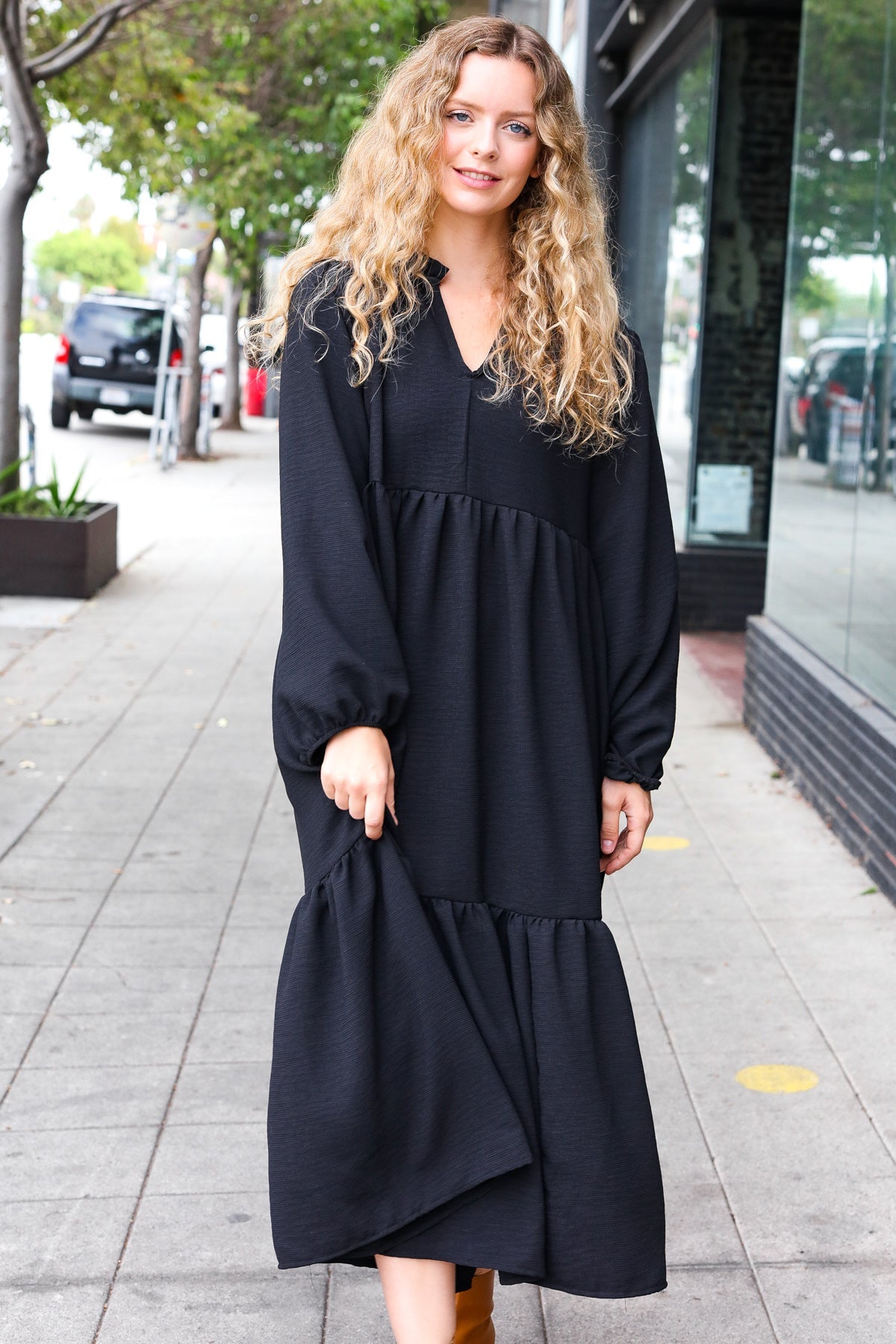 Lock Eyes Black Notched Neck Frill Hem Tiered Maxi Dress-Modish Lily, Tecumseh Michigan