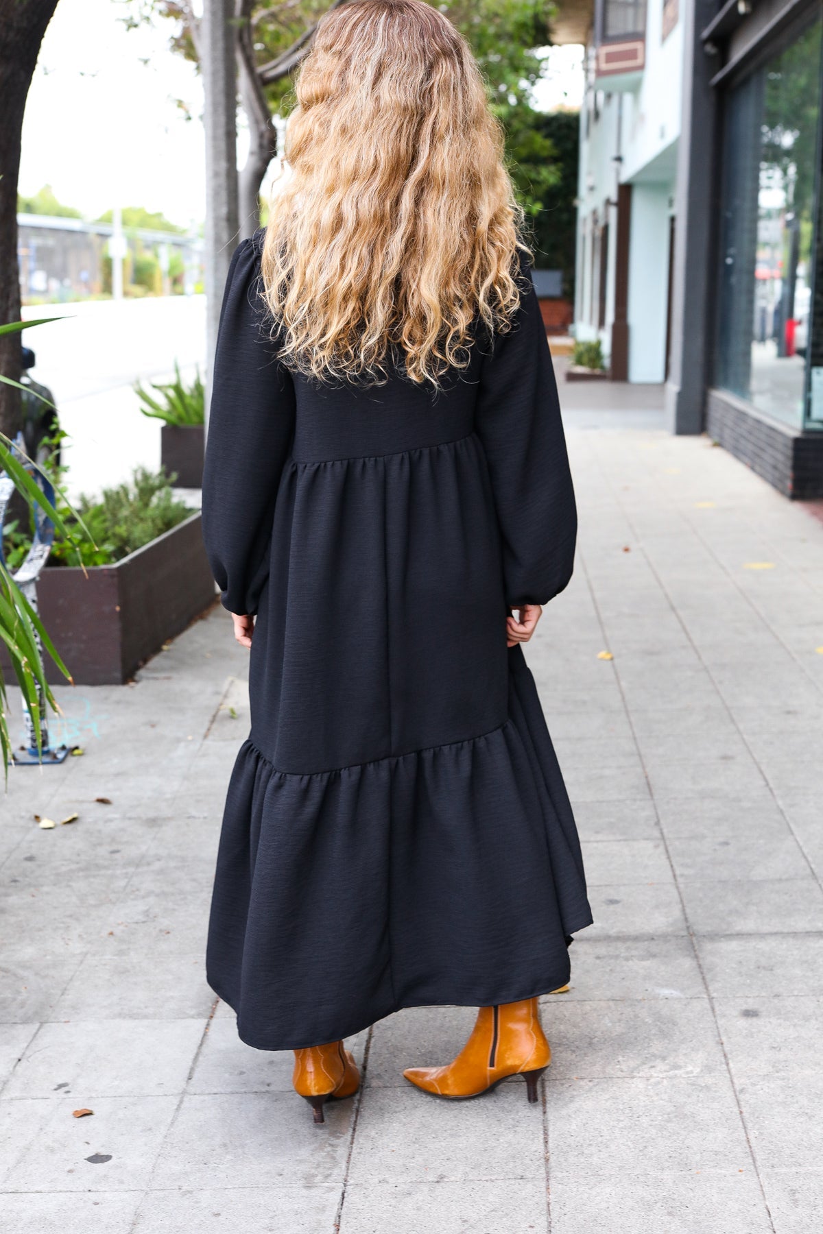 Lock Eyes Black Notched Neck Frill Hem Tiered Maxi Dress-Modish Lily, Tecumseh Michigan