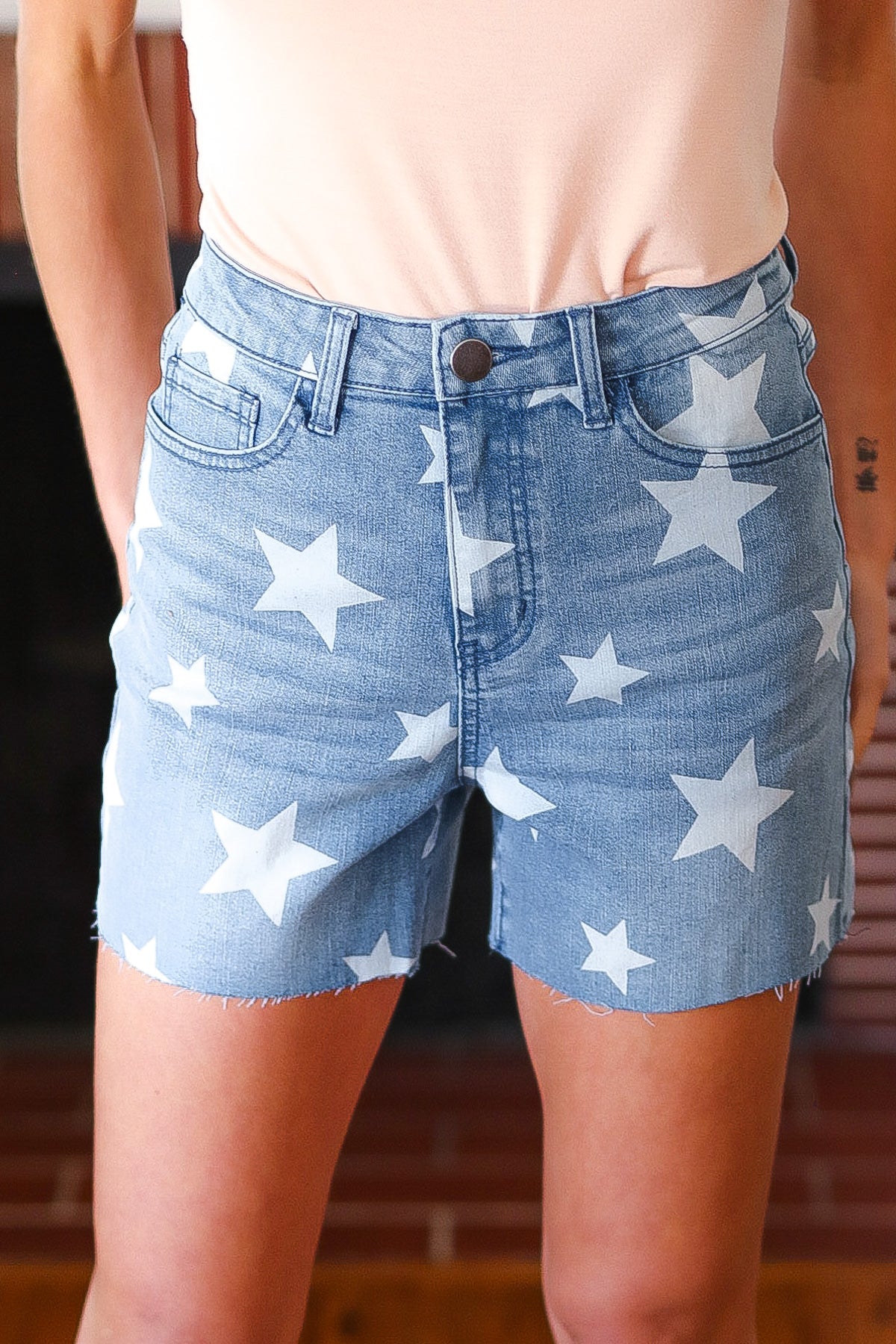 Light Wash Star Print High Rise Denim Shorts-2024 Blow-Out Sale-Modish Lily, Tecumseh Michigan