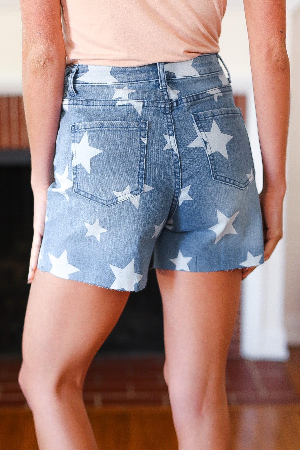 Light Wash Star Print High Rise Denim Shorts-2024 Blow-Out Sale-Modish Lily, Tecumseh Michigan