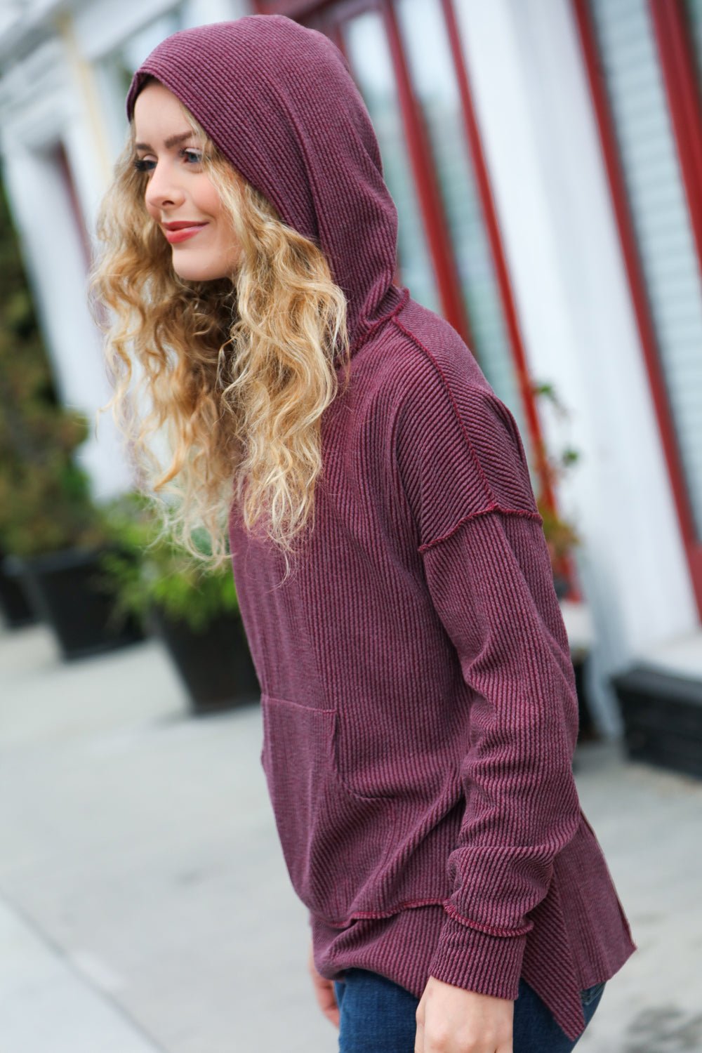 A New Day Burgundy Mineral Wash Rib Knit Hoodie-Modish Lily, Tecumseh Michigan