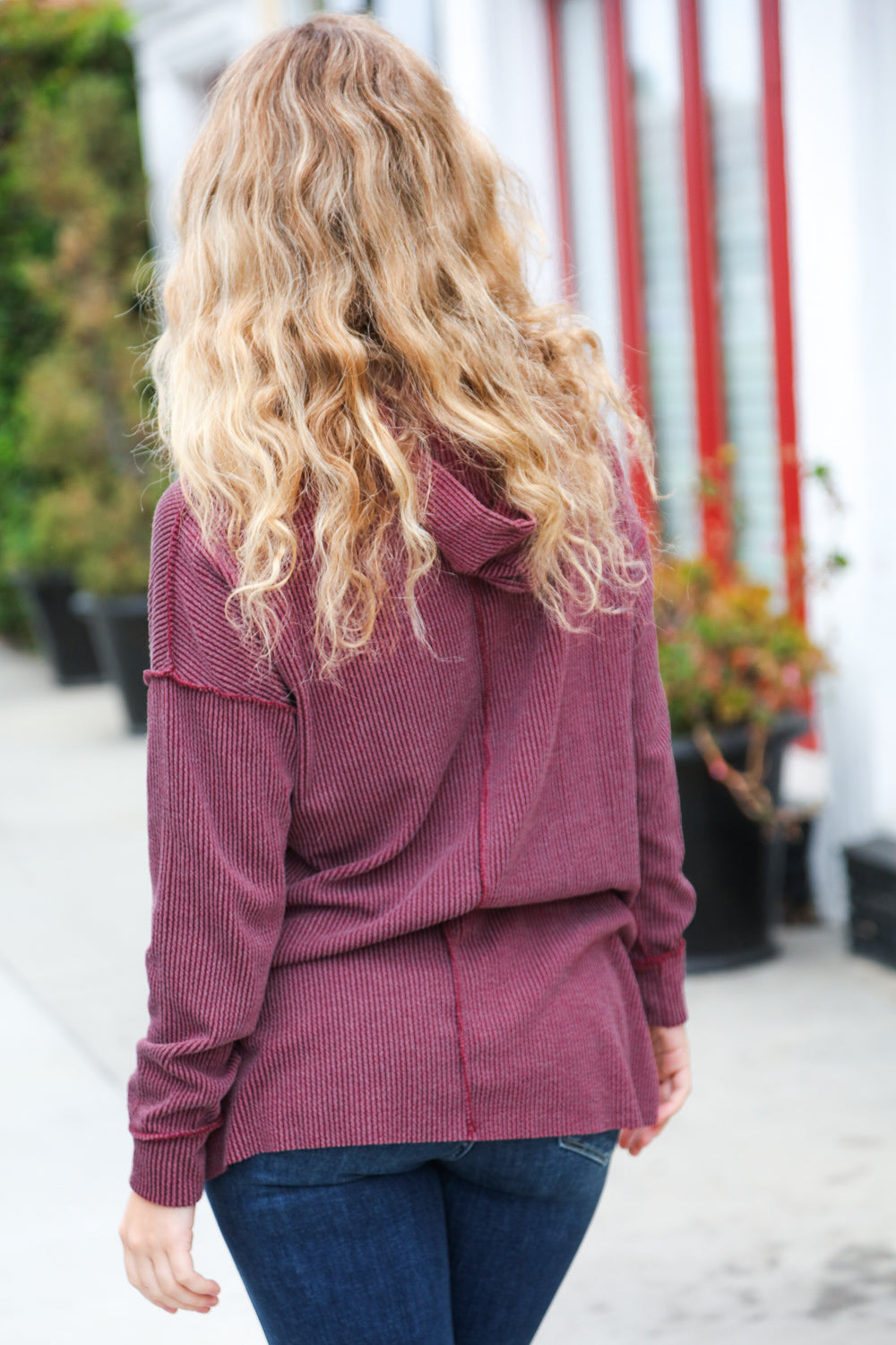 A New Day Burgundy Mineral Wash Rib Knit Hoodie-Modish Lily, Tecumseh Michigan