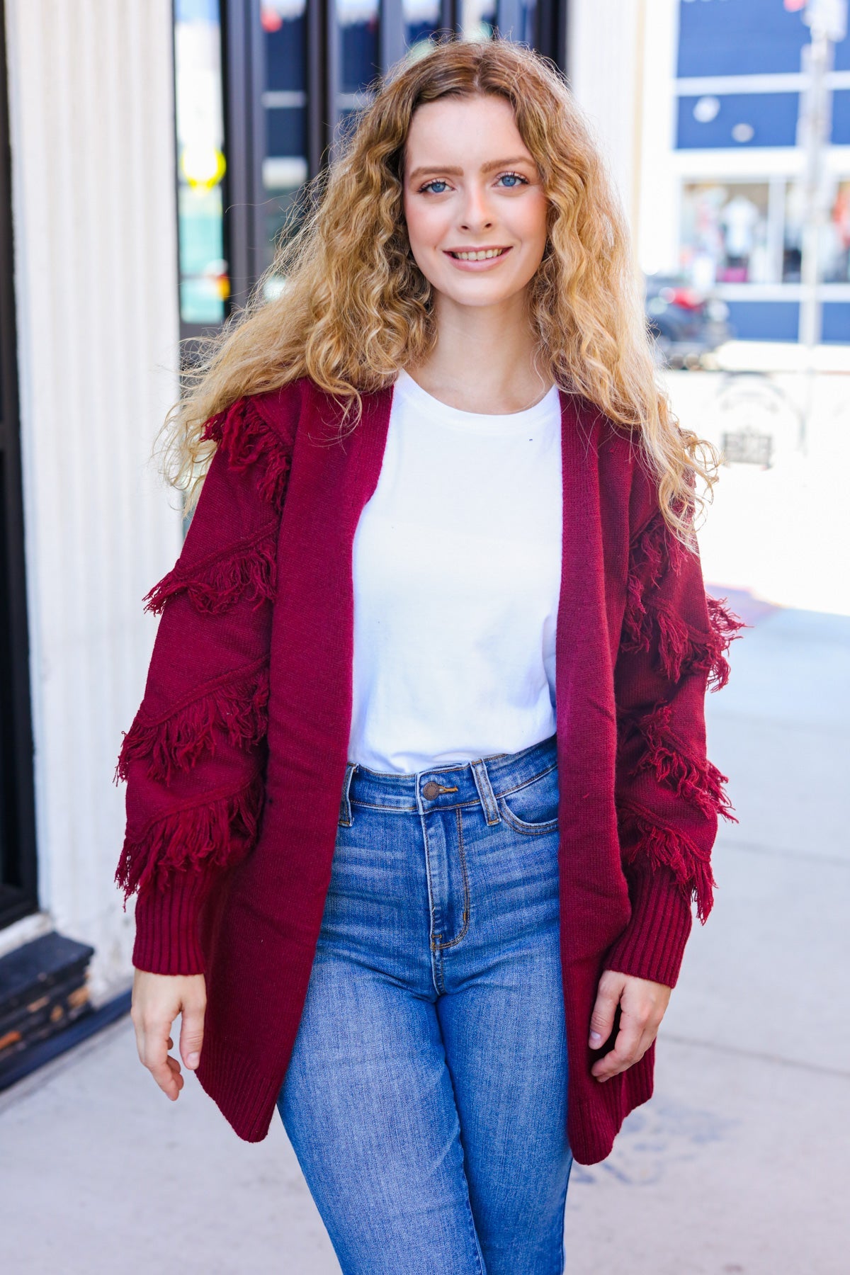 Beautiful You Burgundy Fringe Detail Knit Cardigan-Modish Lily, Tecumseh Michigan