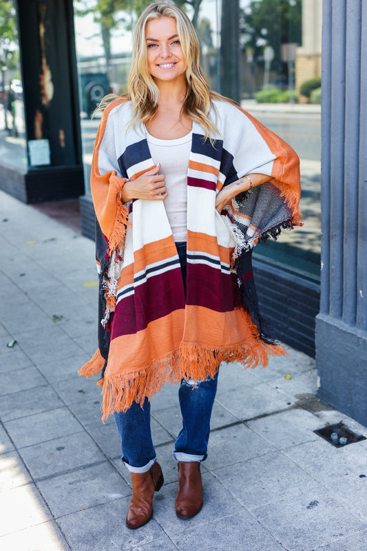 Follow Me Rust Multicolor Stripe Tassel Fringe Open Poncho-Modish Lily, Tecumseh Michigan