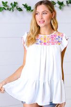 Load image into Gallery viewer, Ivory Floral Embroidery Print Ruffle Sleeve Yoke Top-Modish Lily, Tecumseh Michigan

