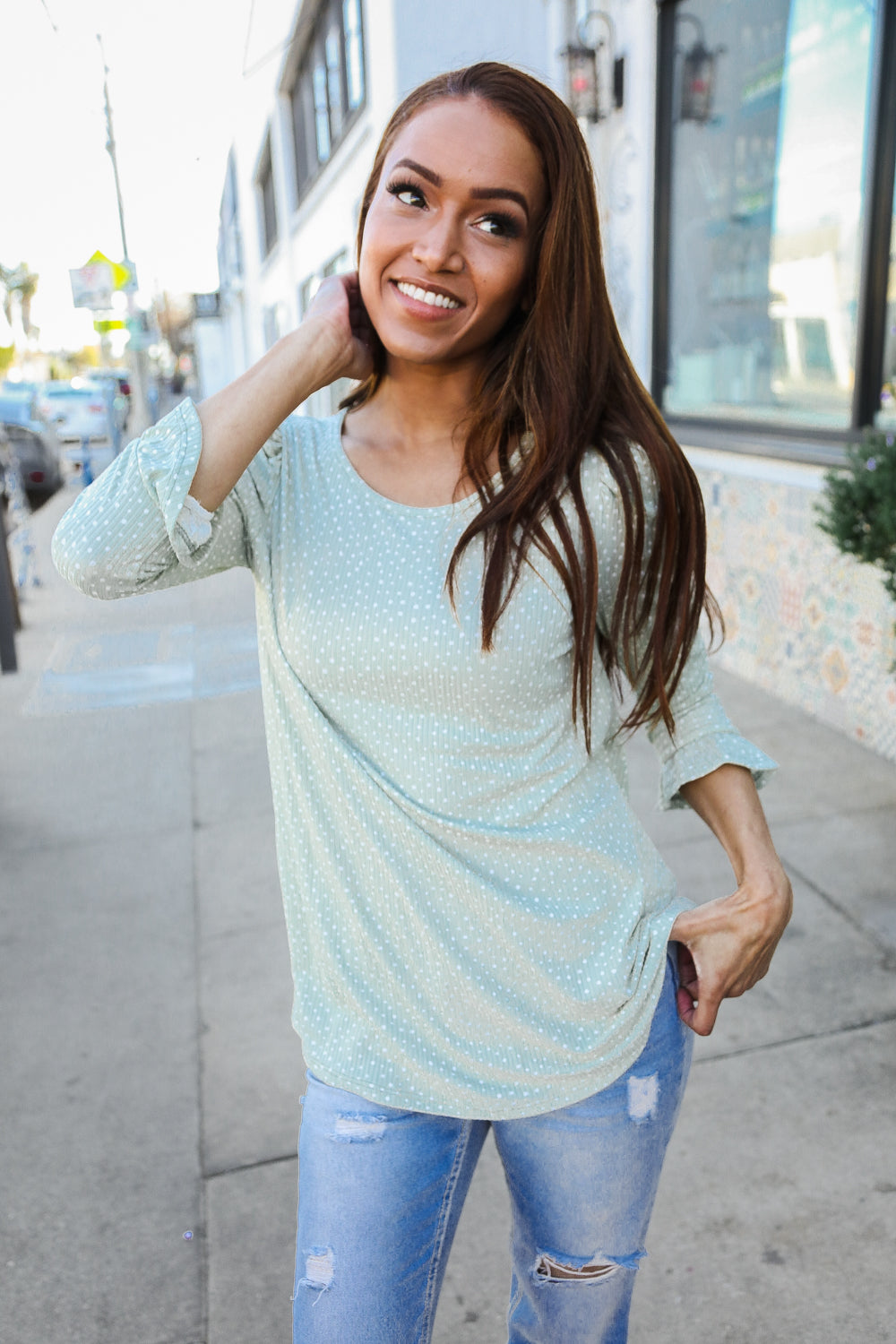 Dazzle in Grey Animal Print Ruched Sleeve Round Neck Top-Modish Lily, Tecumseh Michigan