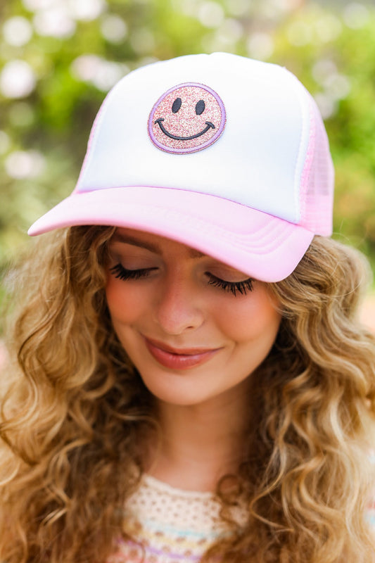 Baby Pink Glitter Smiley Face Mesh Trucker Hat-2024 Summer Blow Out Sale-Modish Lily, Tecumseh Michigan