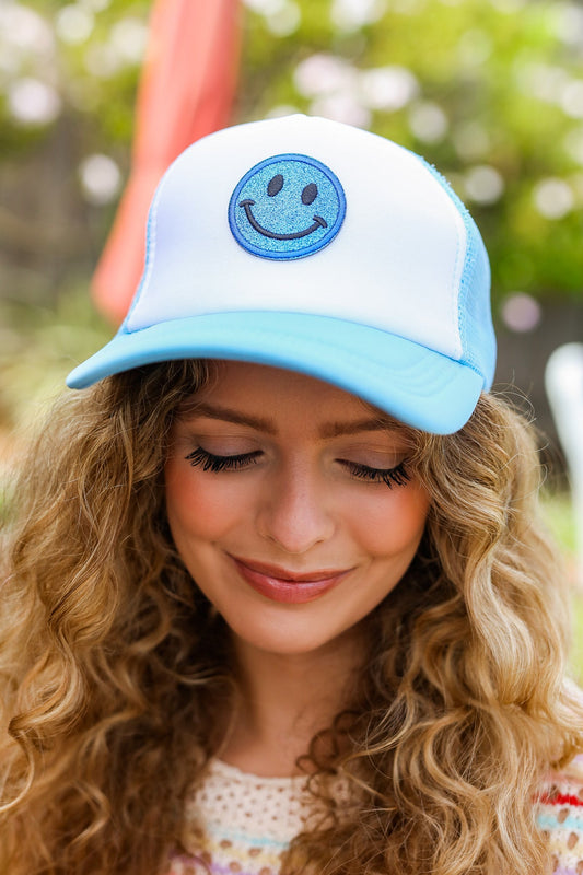 Baby Blue Glitter Smiley Face Mesh Trucker Hat-2024 Summer Blow Out Sale-Modish Lily, Tecumseh Michigan