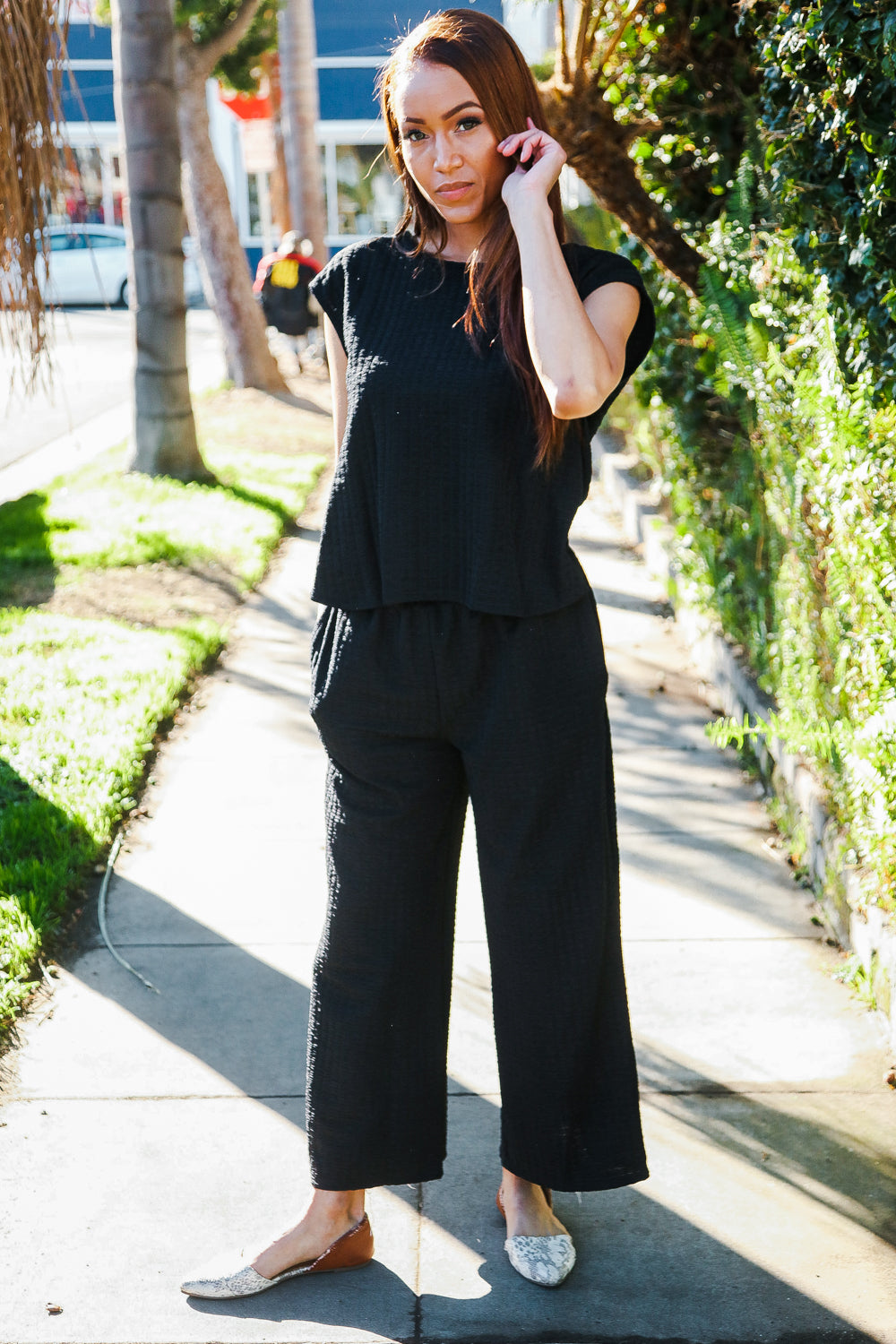 Stand Out Black Textured Shirt Attached Crossover Back Pant Suit-Modish Lily, Tecumseh Michigan