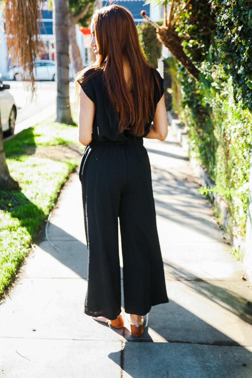 Stand Out Black Textured Shirt Attached Crossover Back Pant Suit-Modish Lily, Tecumseh Michigan