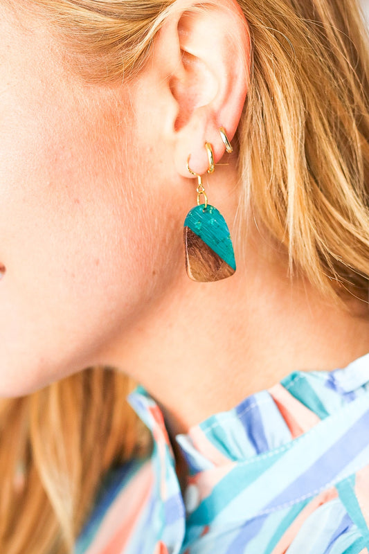 Wood & Turquoise Geometric Drop Earrings-Modish Lily, Tecumseh Michigan