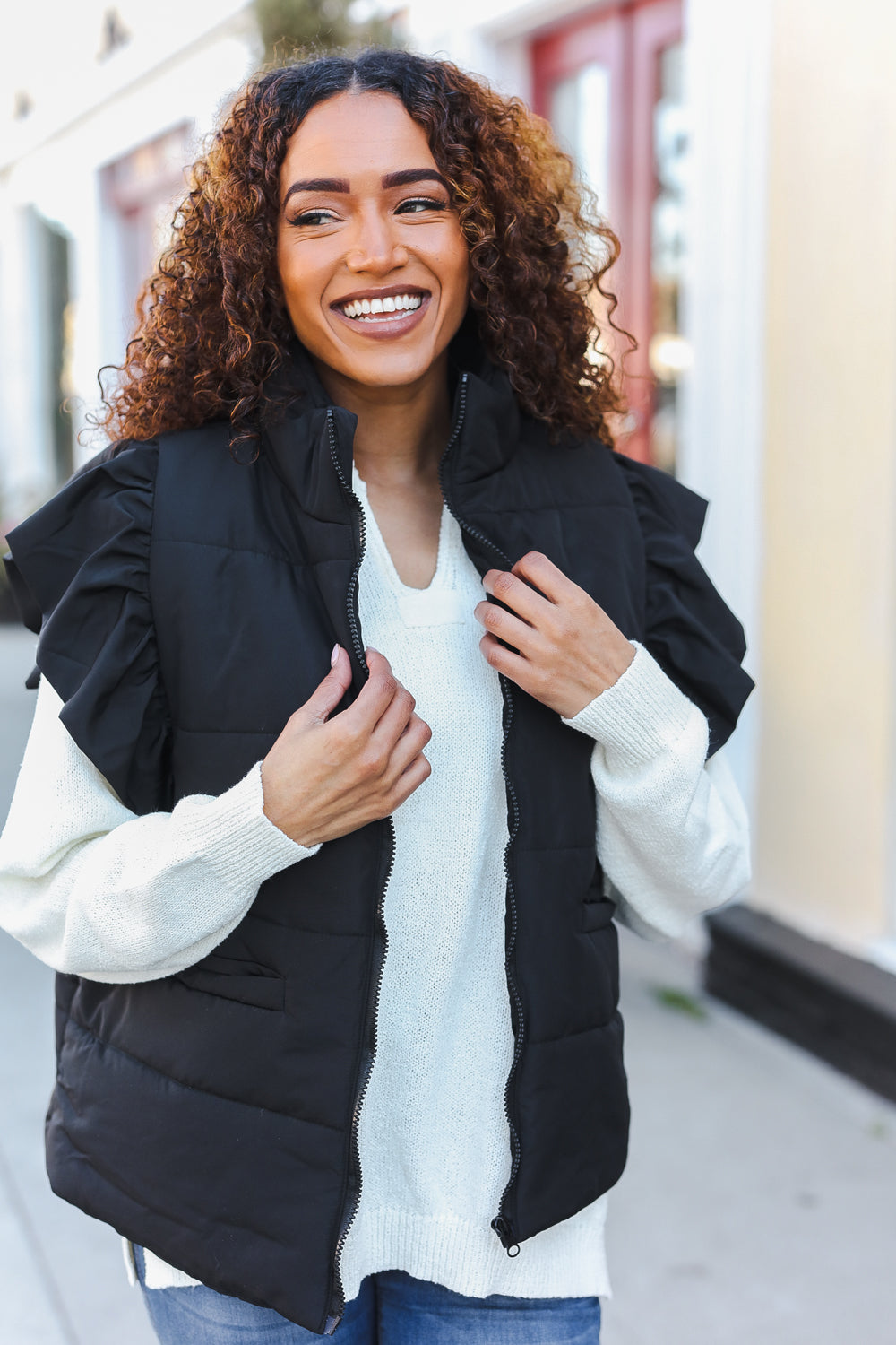 Feeling Festive Black Zipper Up Quilted Ruffle Sleeve Puffer Vest-Modish Lily, Tecumseh Michigan