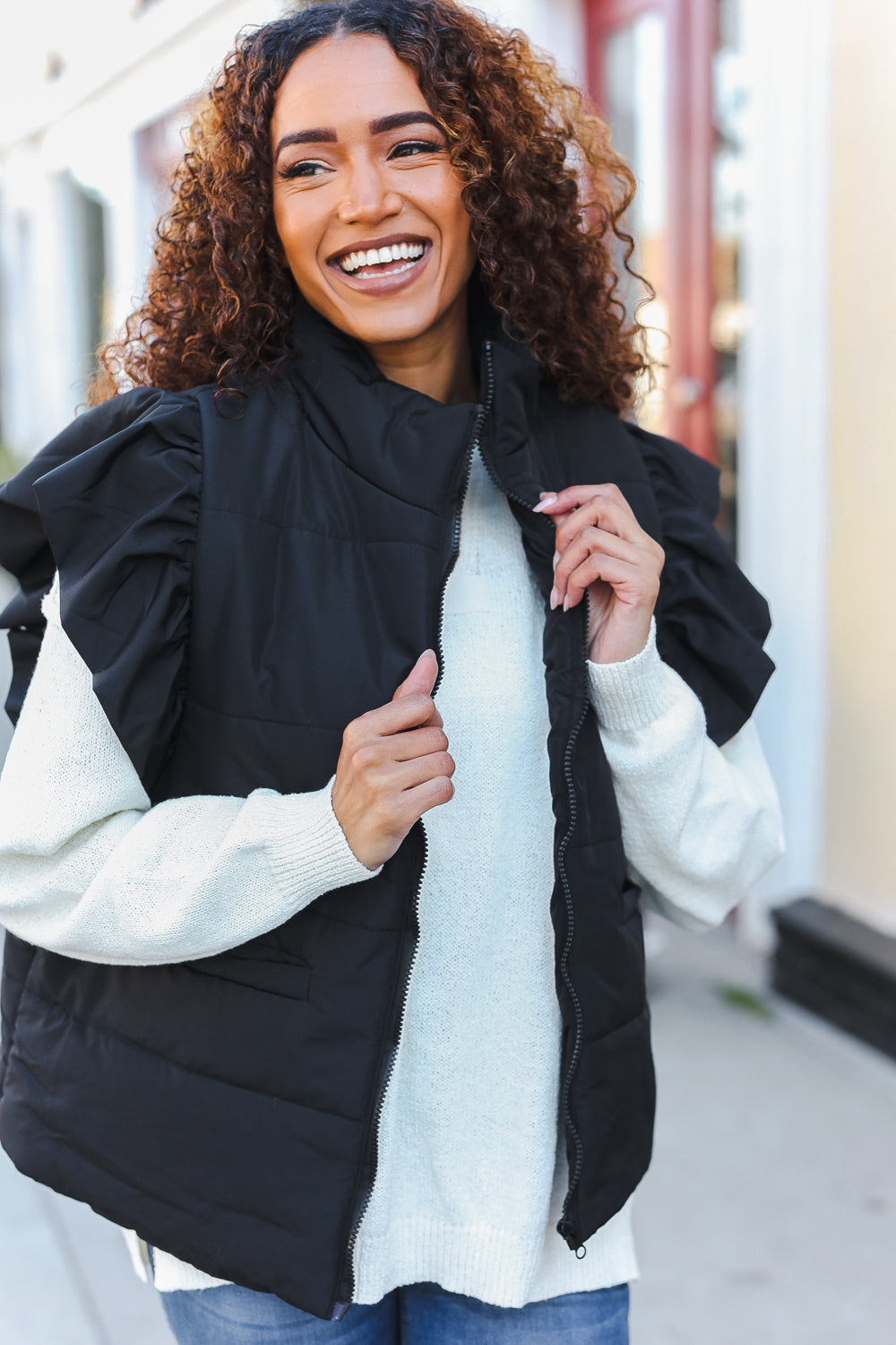 Feeling Festive Black Zipper Up Quilted Ruffle Sleeve Puffer Vest-Modish Lily, Tecumseh Michigan