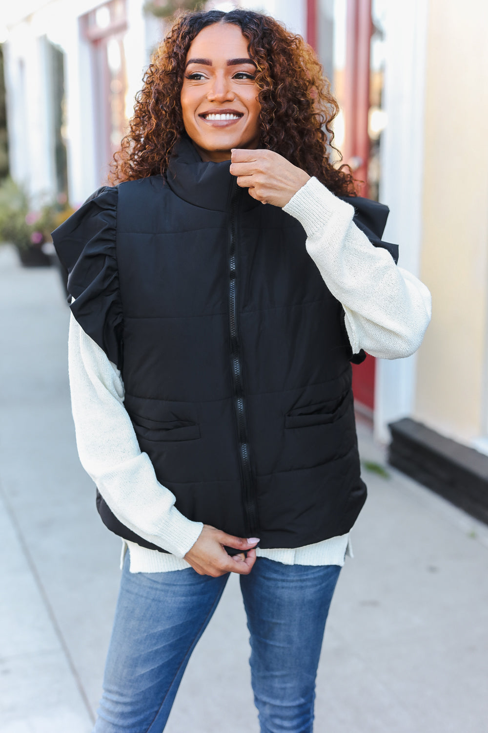 Feeling Festive Black Zipper Up Quilted Ruffle Sleeve Puffer Vest-Modish Lily, Tecumseh Michigan