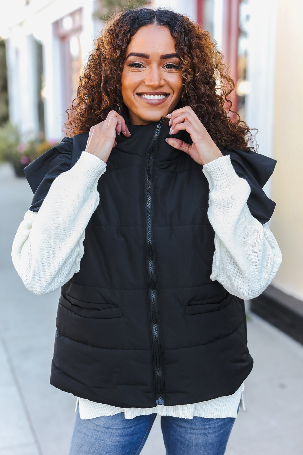 Feeling Festive Black Zipper Up Quilted Ruffle Sleeve Puffer Vest-Modish Lily, Tecumseh Michigan