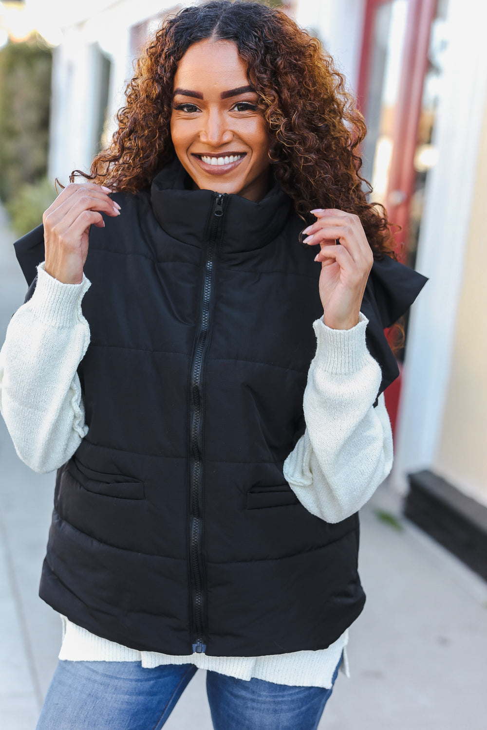 Feeling Festive Black Zipper Up Quilted Ruffle Sleeve Puffer Vest-Modish Lily, Tecumseh Michigan