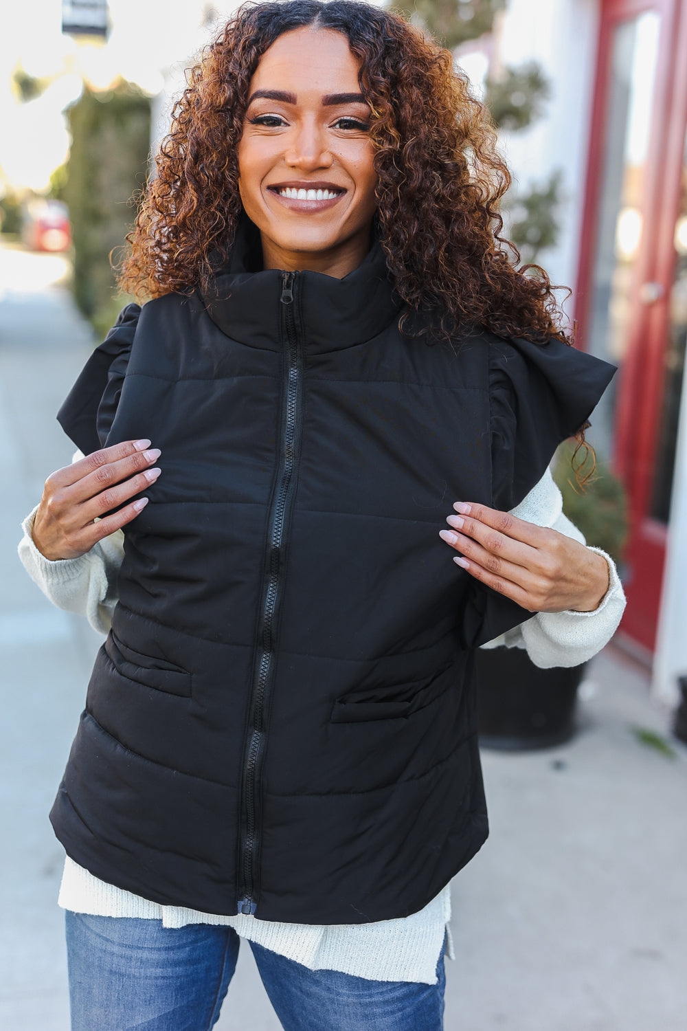 Feeling Festive Black Zipper Up Quilted Ruffle Sleeve Puffer Vest-Modish Lily, Tecumseh Michigan