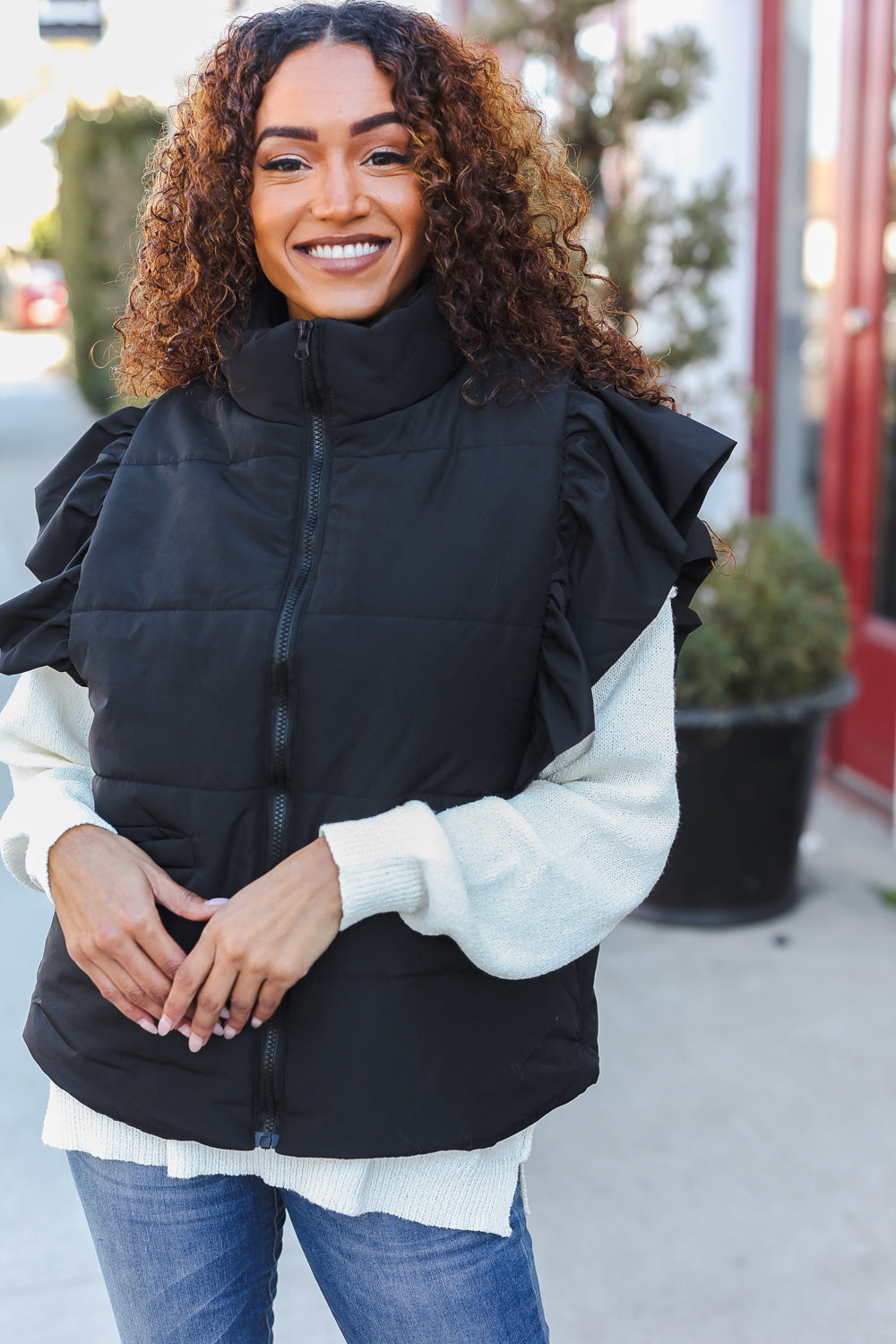 Feeling Festive Black Zipper Up Quilted Ruffle Sleeve Puffer Vest-Modish Lily, Tecumseh Michigan