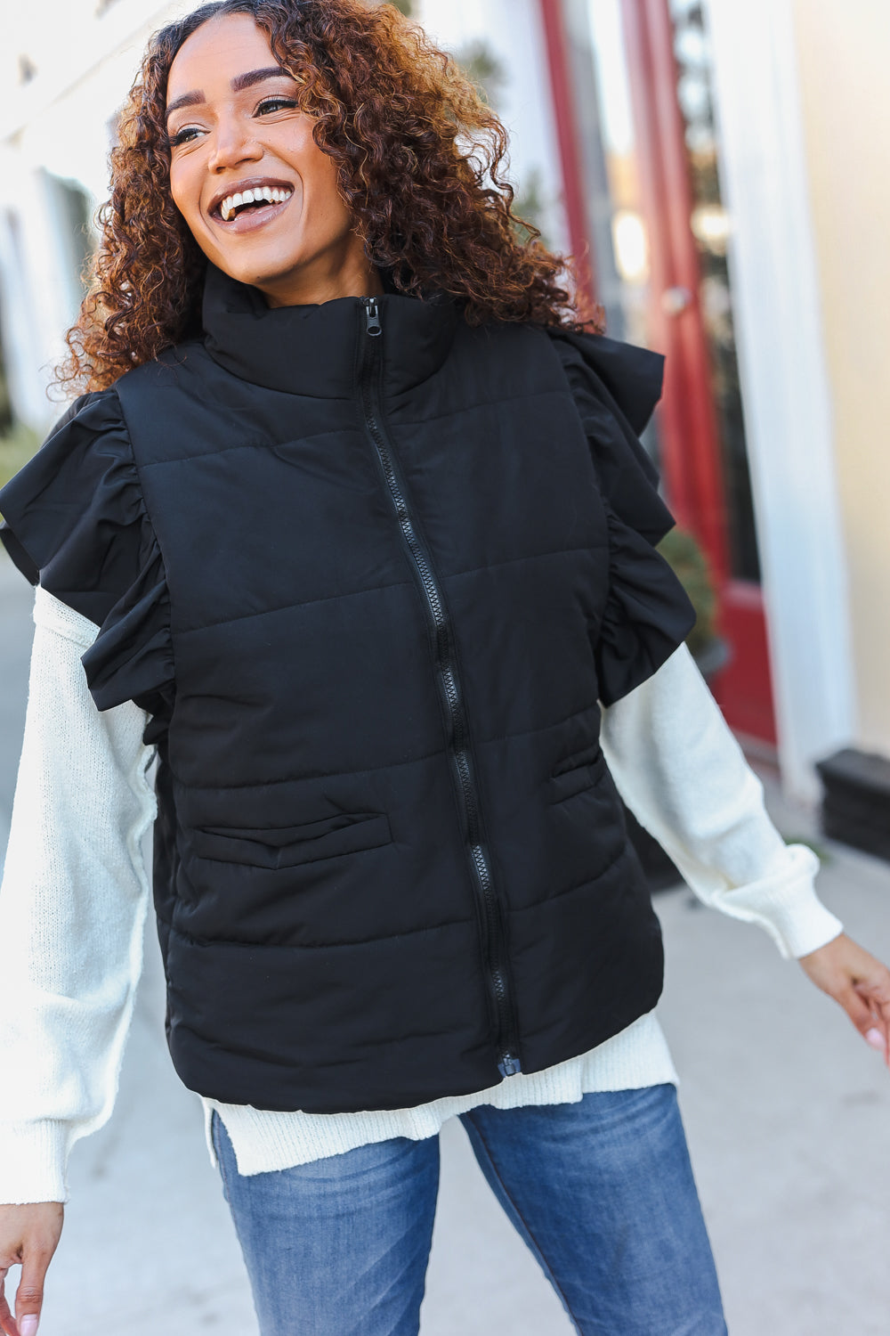 Feeling Festive Black Zipper Up Quilted Ruffle Sleeve Puffer Vest-Modish Lily, Tecumseh Michigan