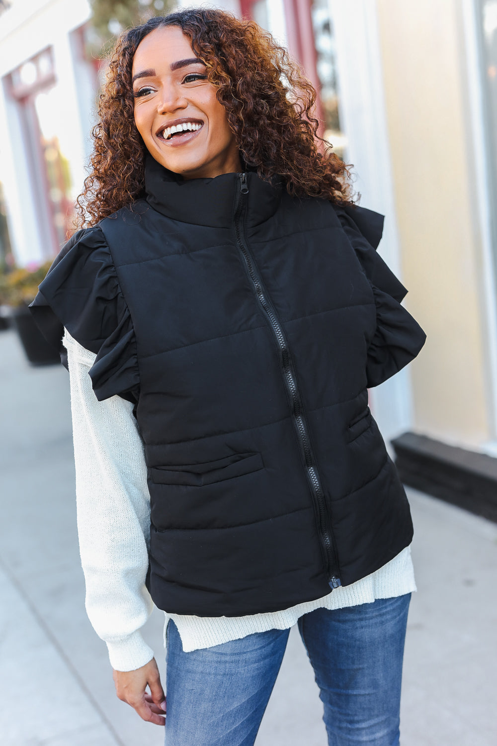 Feeling Festive Black Zipper Up Quilted Ruffle Sleeve Puffer Vest-Modish Lily, Tecumseh Michigan