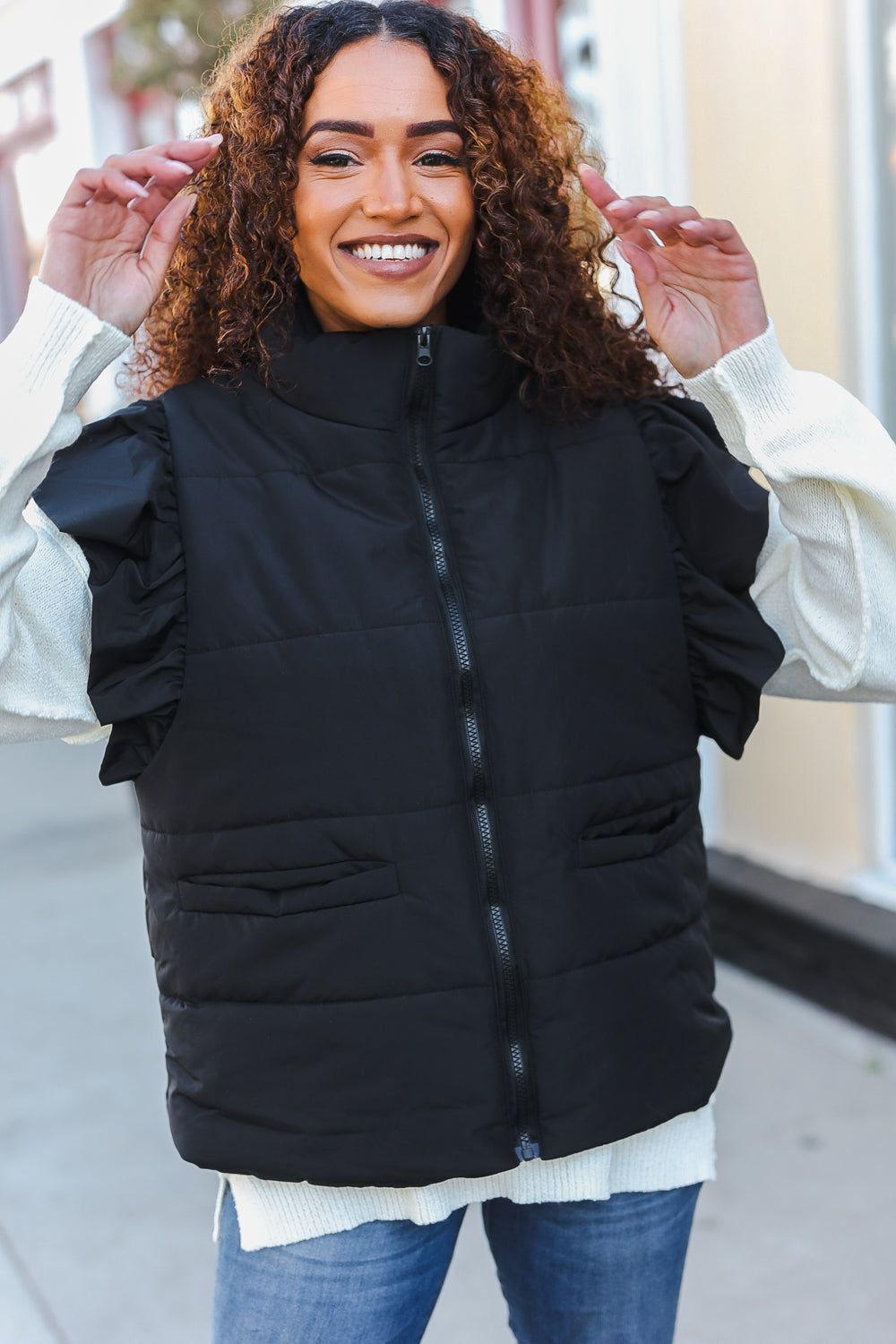 Feeling Festive Black Zipper Up Quilted Ruffle Sleeve Puffer Vest-Modish Lily, Tecumseh Michigan