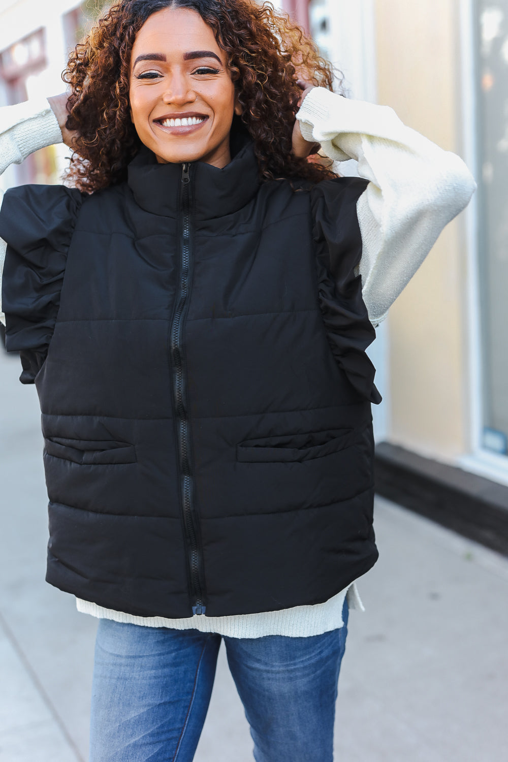 Feeling Festive Black Zipper Up Quilted Ruffle Sleeve Puffer Vest-Modish Lily, Tecumseh Michigan