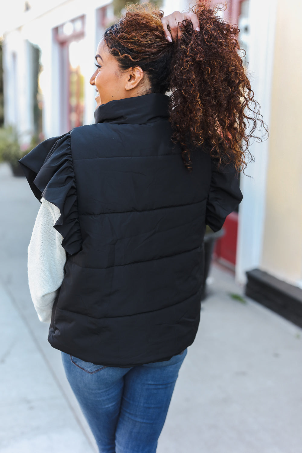 Feeling Festive Black Zipper Up Quilted Ruffle Sleeve Puffer Vest-Modish Lily, Tecumseh Michigan