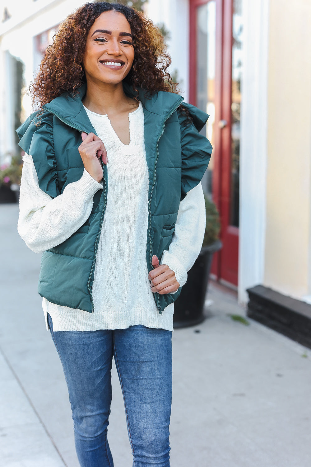 Feeling Festive Hunter Green Zipper Up Quilted Ruffle Sleeve Puffer Vest-Modish Lily, Tecumseh Michigan