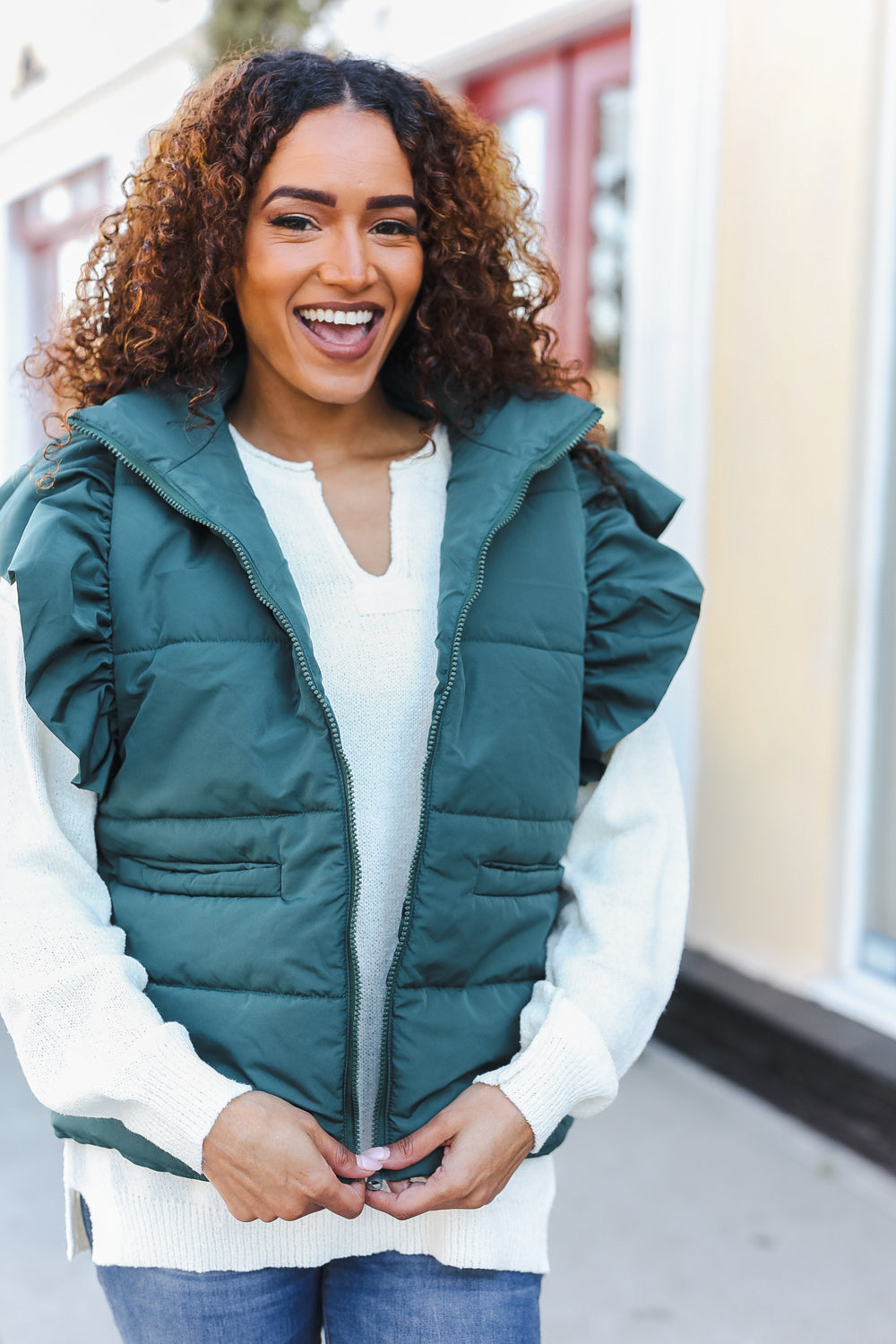 Feeling Festive Hunter Green Zipper Up Quilted Ruffle Sleeve Puffer Vest-Modish Lily, Tecumseh Michigan