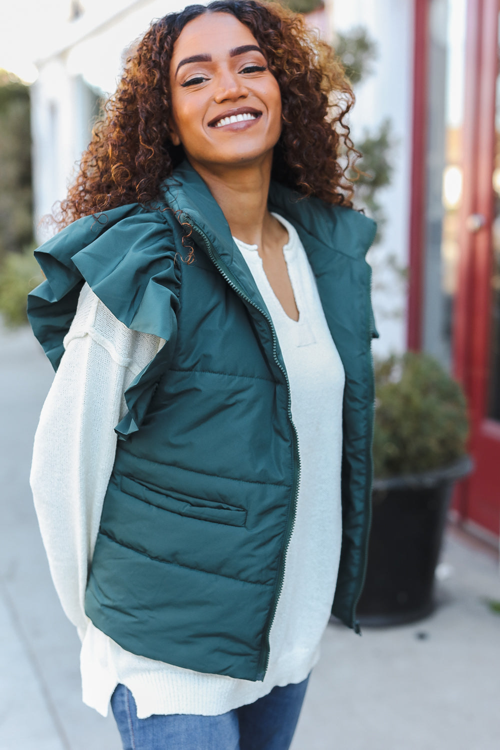 Feeling Festive Hunter Green Zipper Up Quilted Ruffle Sleeve Puffer Vest-Modish Lily, Tecumseh Michigan