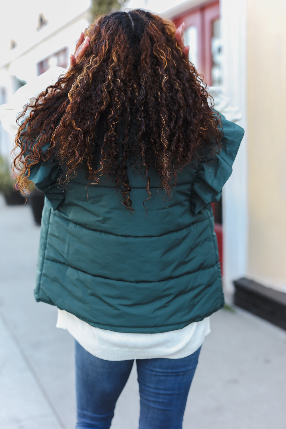 Feeling Festive Hunter Green Zipper Up Quilted Ruffle Sleeve Puffer Vest-Modish Lily, Tecumseh Michigan