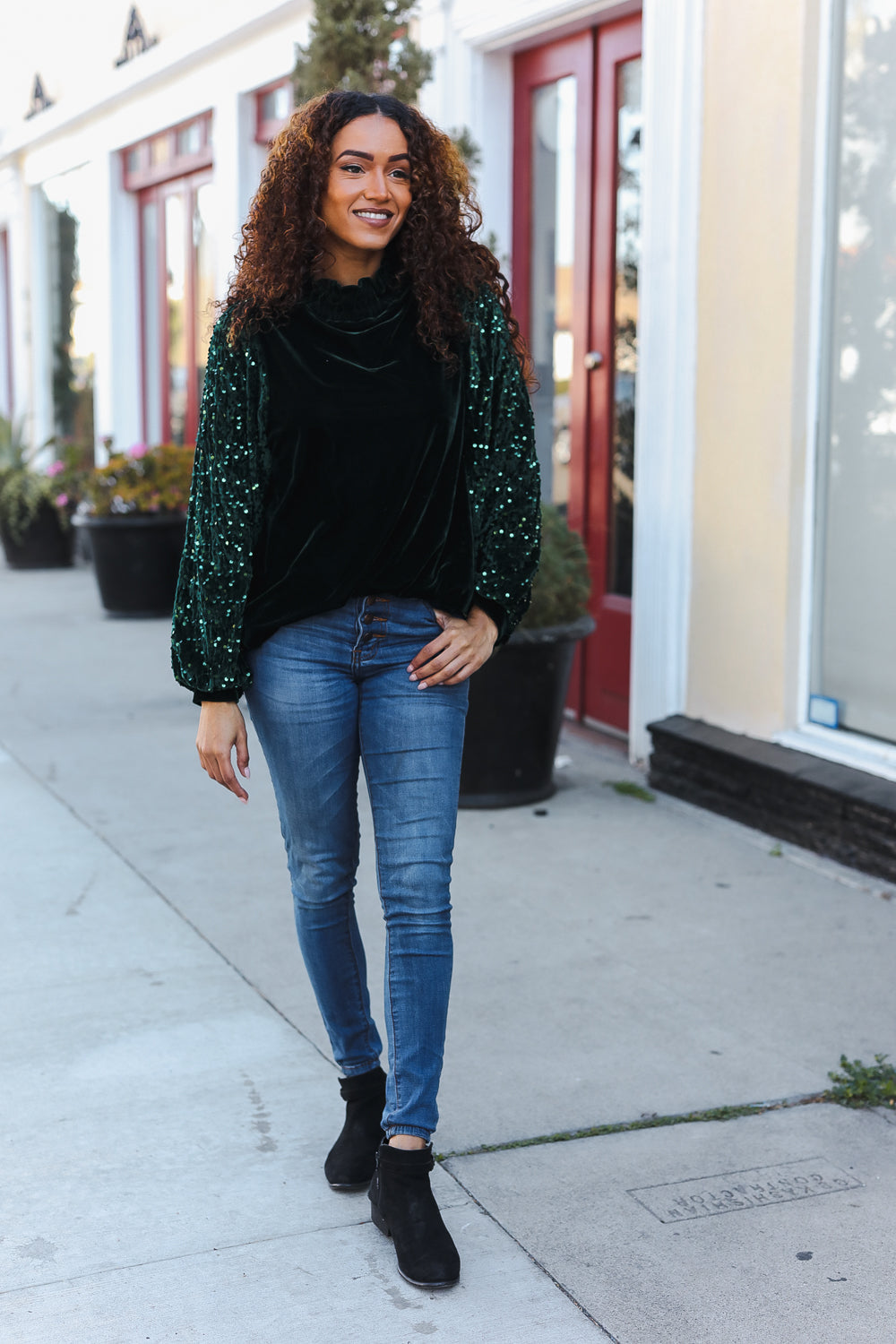 Under the Lights Green Velvet & Sequin Frill Mock Neck Top-Modish Lily, Tecumseh Michigan