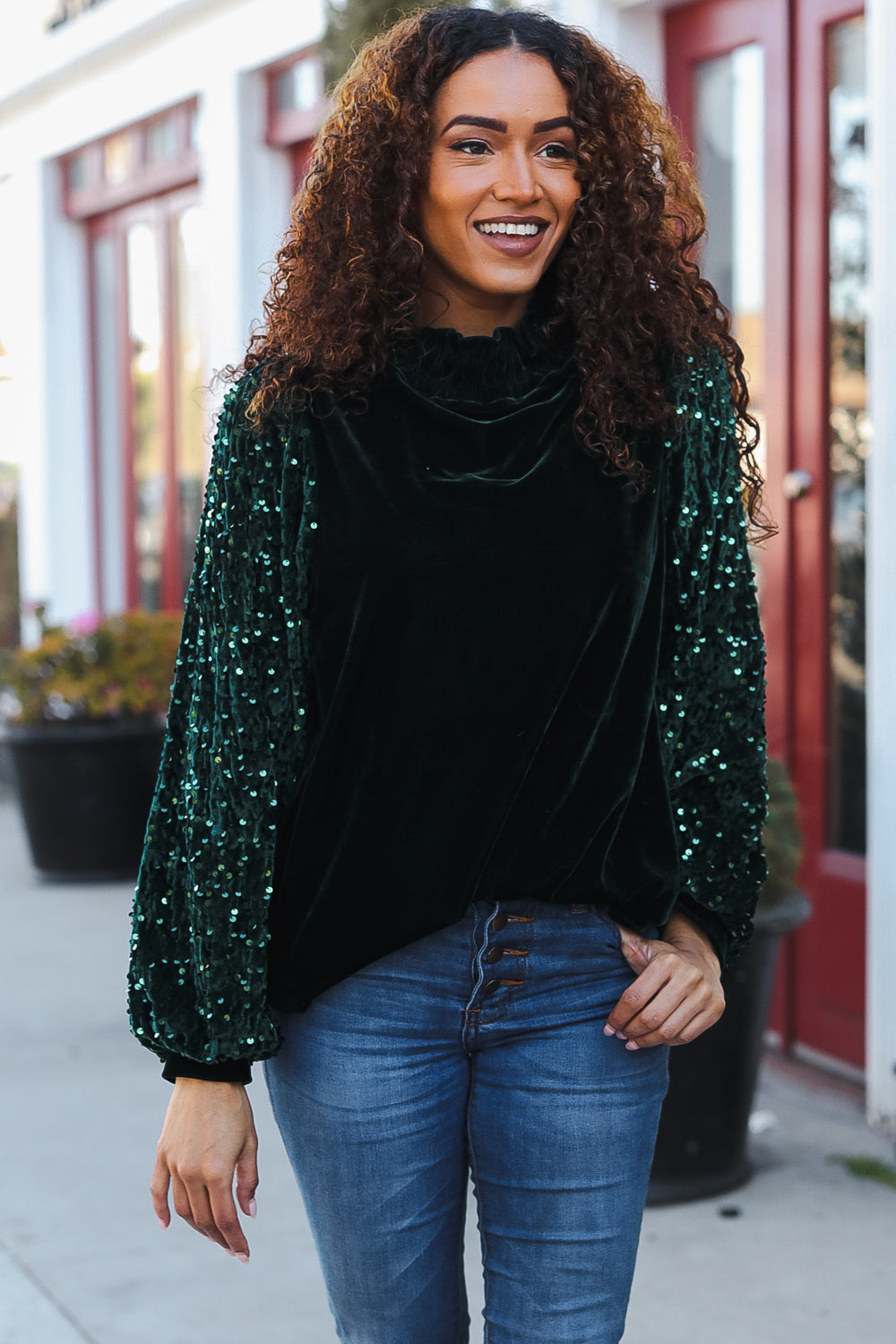 Under the Lights Green Velvet & Sequin Frill Mock Neck Top-Modish Lily, Tecumseh Michigan