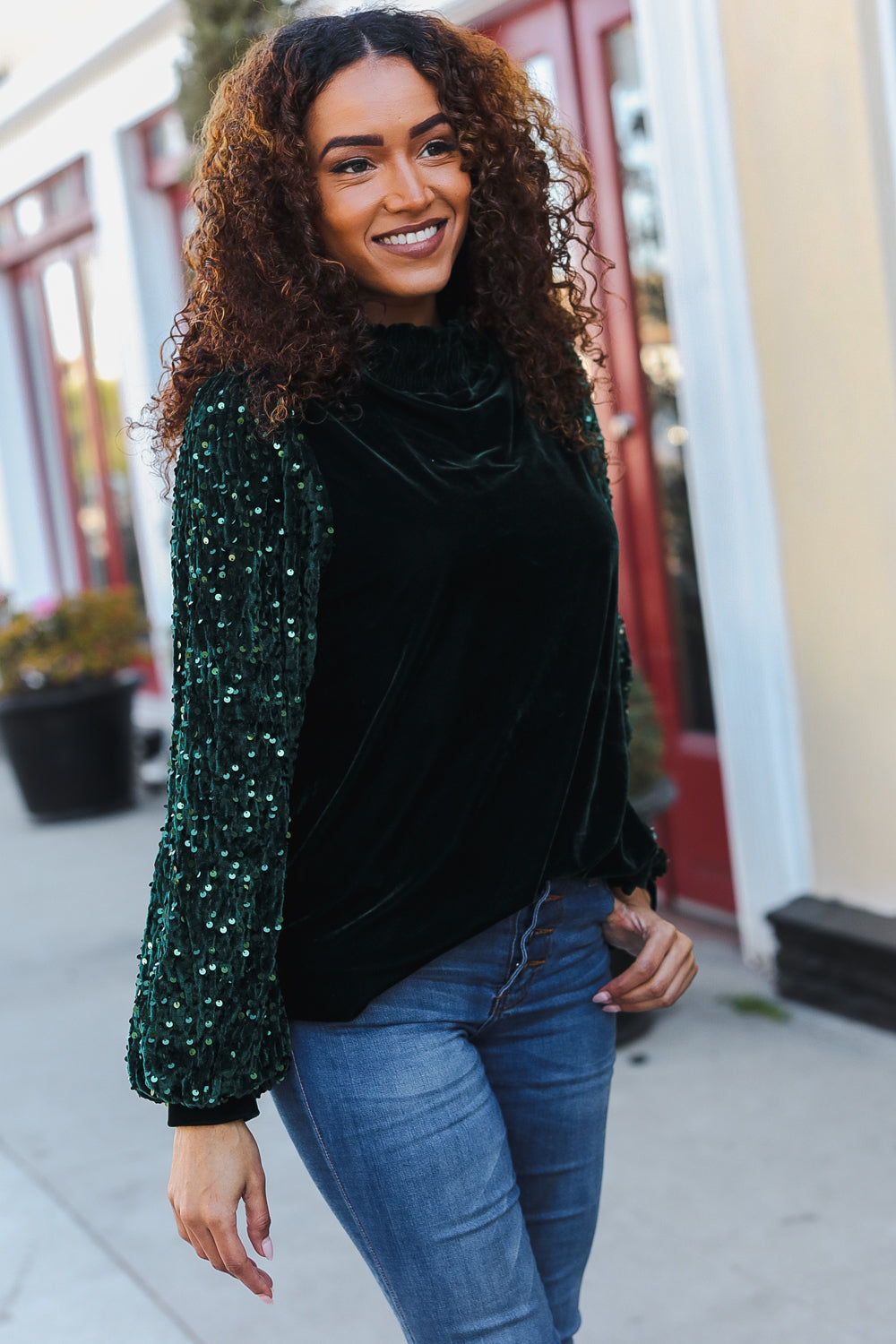 Under the Lights Green Velvet & Sequin Frill Mock Neck Top-Modish Lily, Tecumseh Michigan