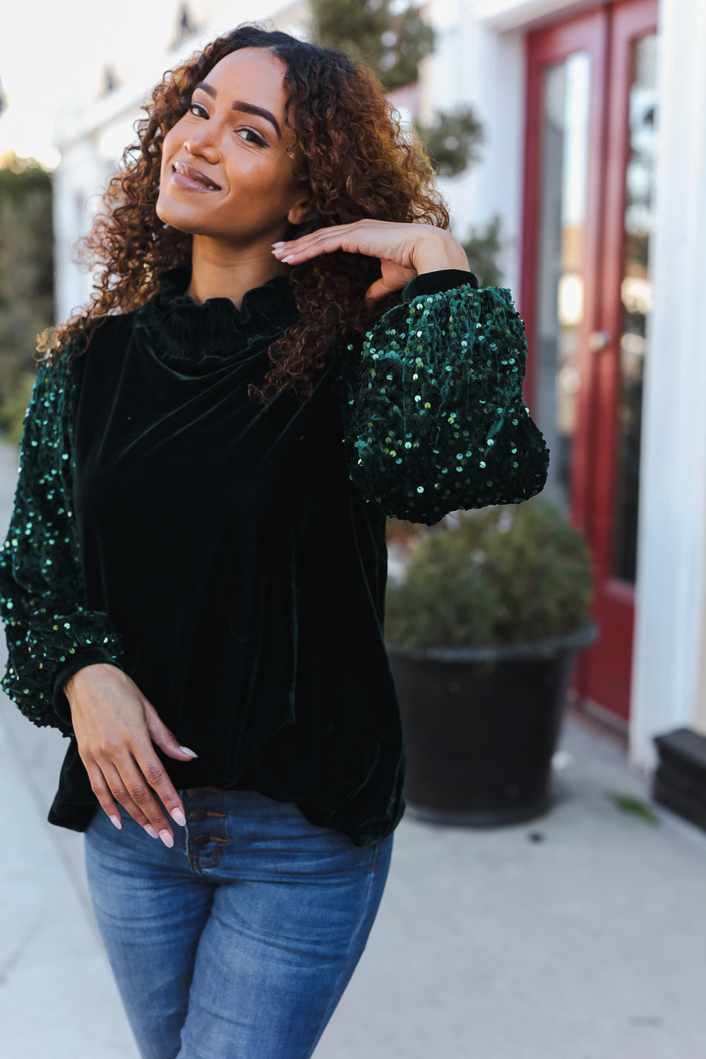 Under the Lights Green Velvet & Sequin Frill Mock Neck Top-Modish Lily, Tecumseh Michigan