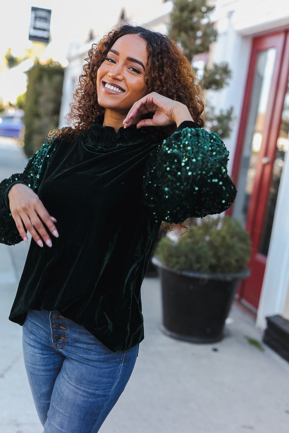 Under the Lights Green Velvet & Sequin Frill Mock Neck Top-Modish Lily, Tecumseh Michigan