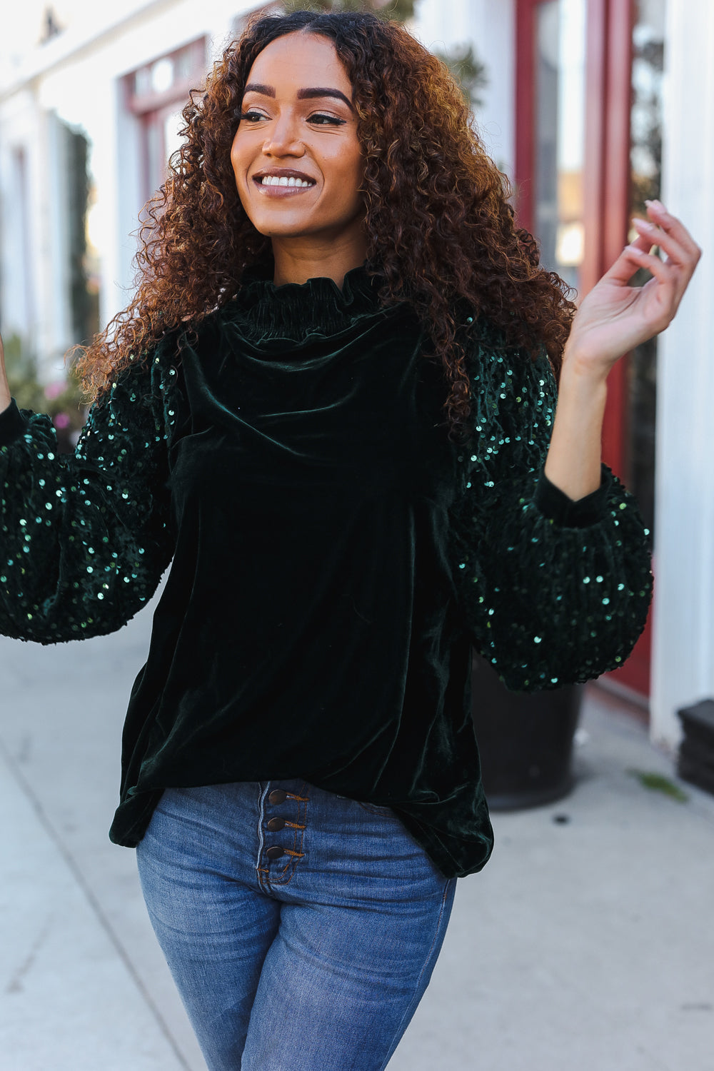 Under the Lights Green Velvet & Sequin Frill Mock Neck Top-Modish Lily, Tecumseh Michigan