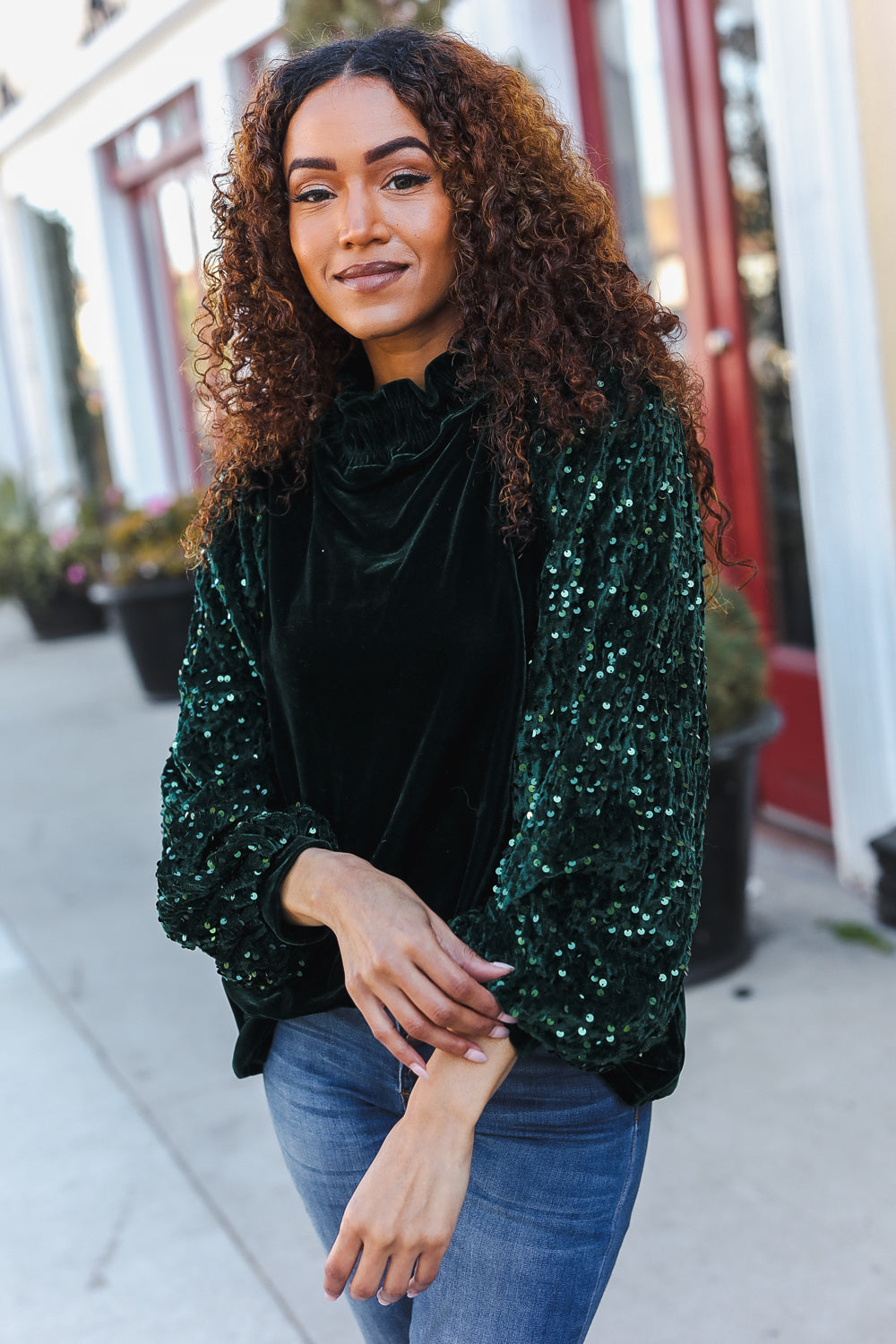 Under the Lights Green Velvet & Sequin Frill Mock Neck Top-Modish Lily, Tecumseh Michigan