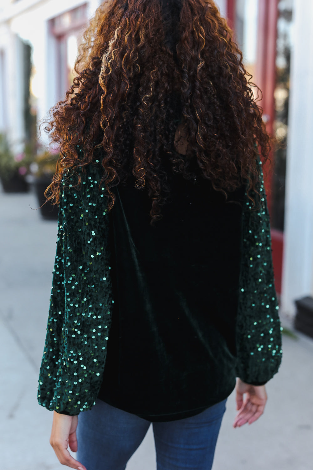 Under the Lights Green Velvet & Sequin Frill Mock Neck Top-Modish Lily, Tecumseh Michigan