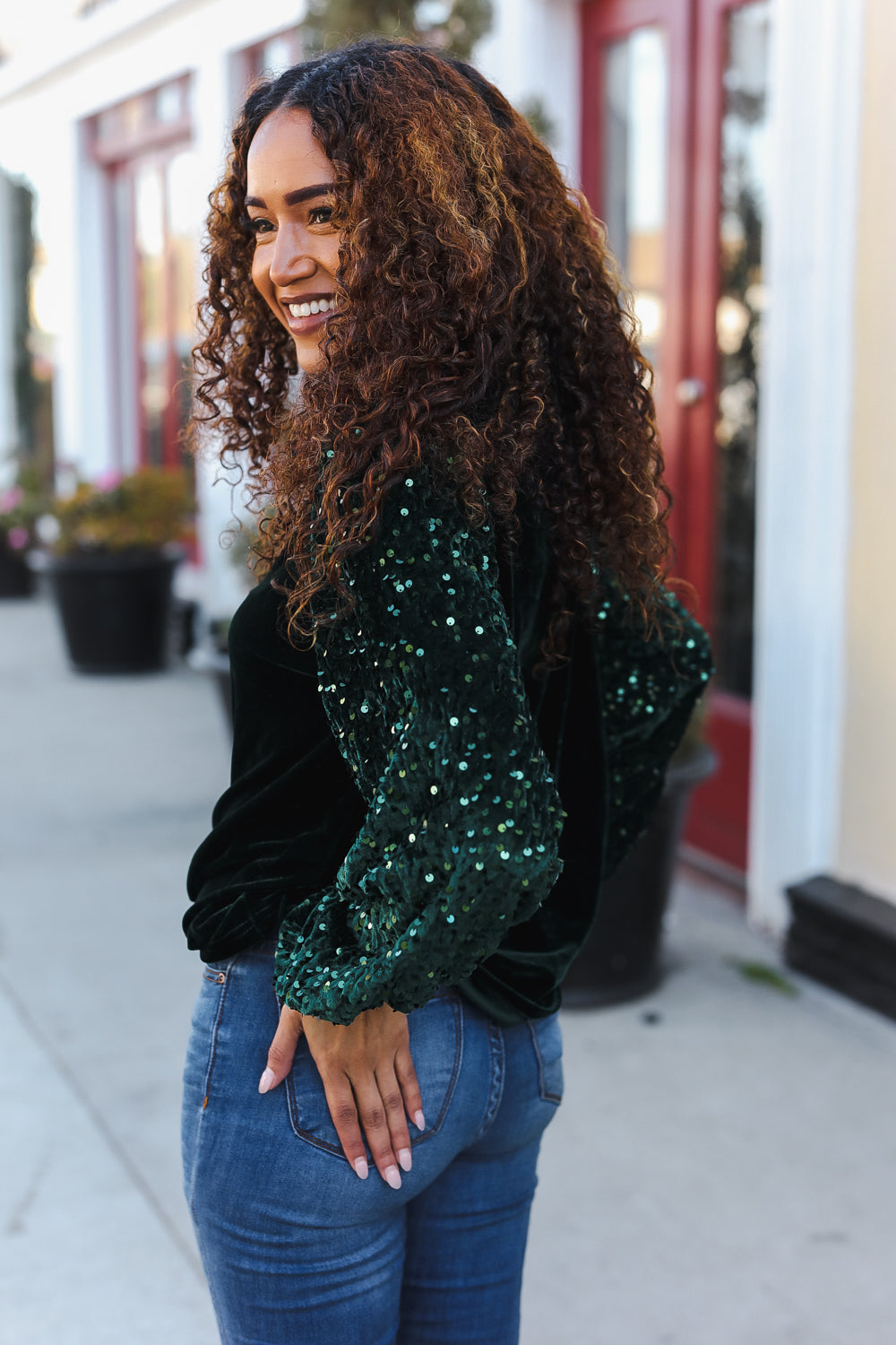 Under the Lights Green Velvet & Sequin Frill Mock Neck Top-Modish Lily, Tecumseh Michigan