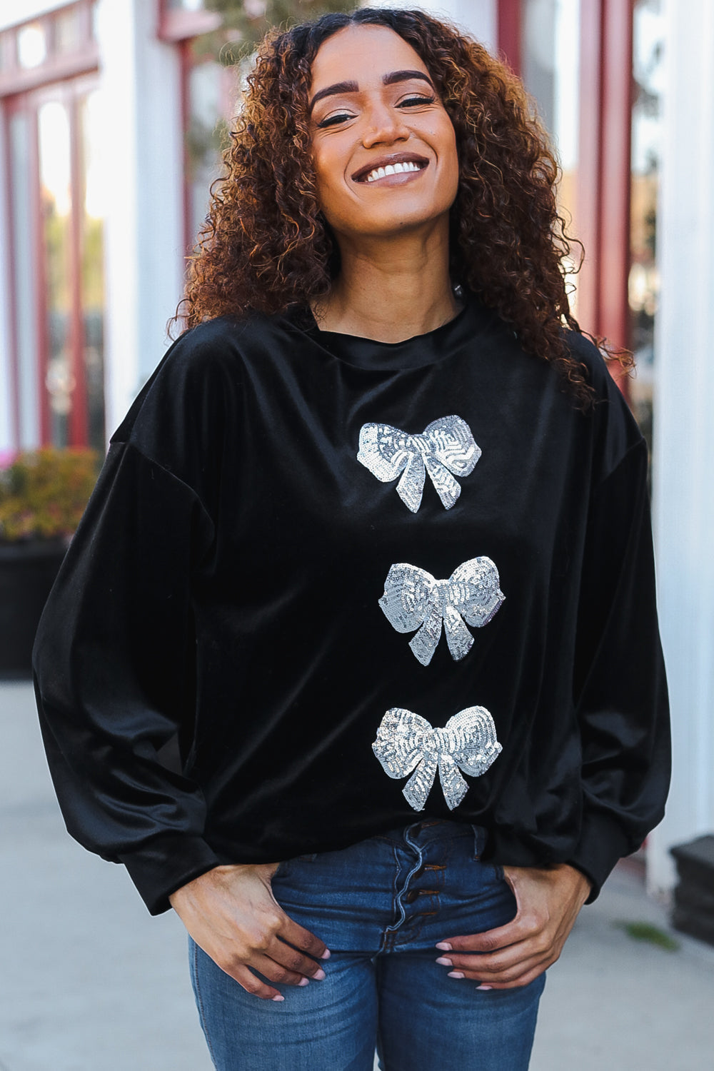 Home For The Holiday Silver Sequin Bow Velvet Pullover Top-2024 Blow-Out Sale-Modish Lily, Tecumseh Michigan