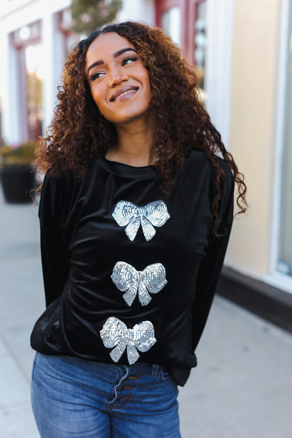 Home For The Holiday Silver Sequin Bow Velvet Pullover Top-2024 Blow-Out Sale-Modish Lily, Tecumseh Michigan