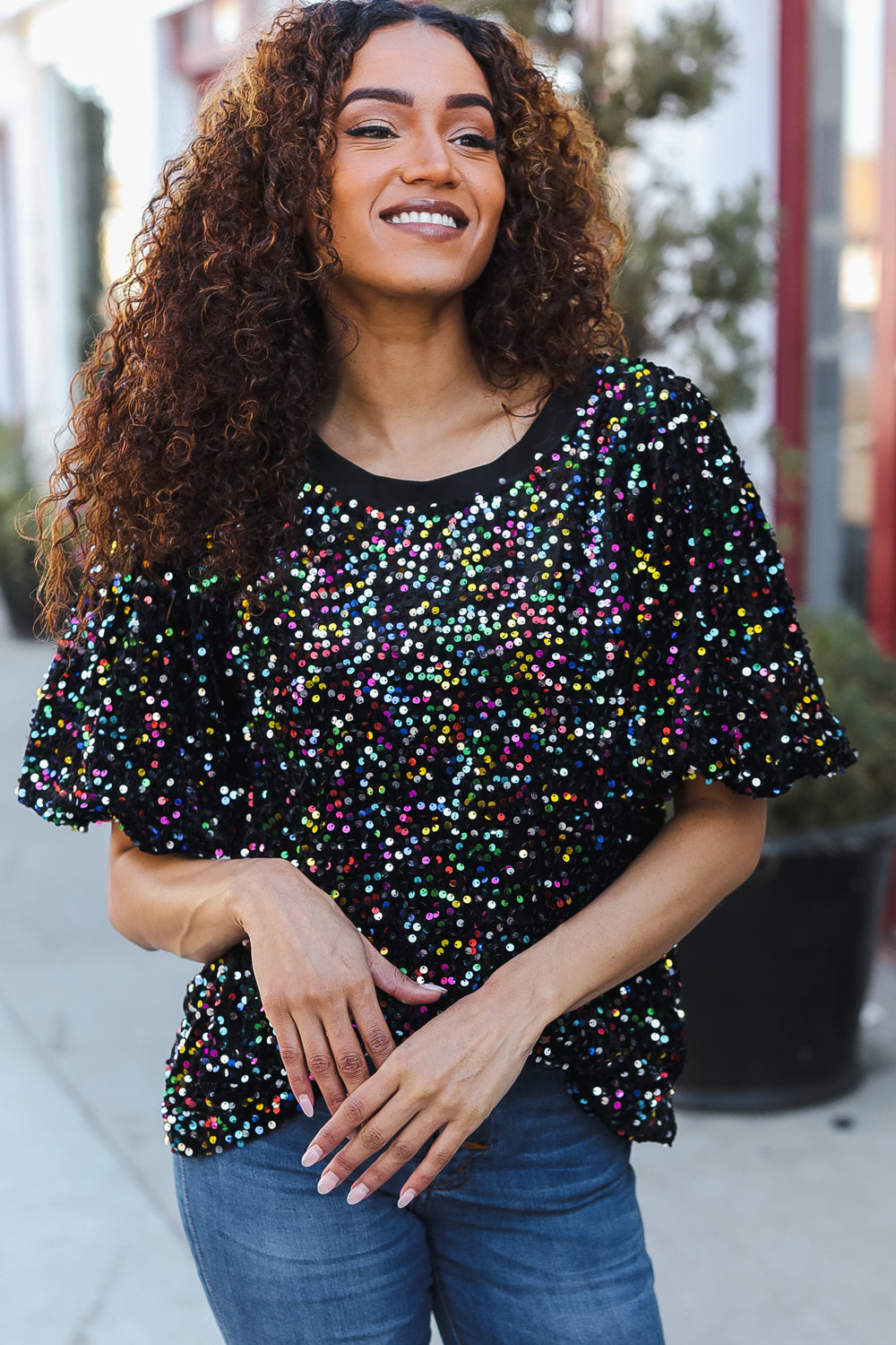 Holiday Ready Black Velvet Multicolor Sequin Puff Sleeve Top-2024 Blow-Out Sale-Modish Lily, Tecumseh Michigan