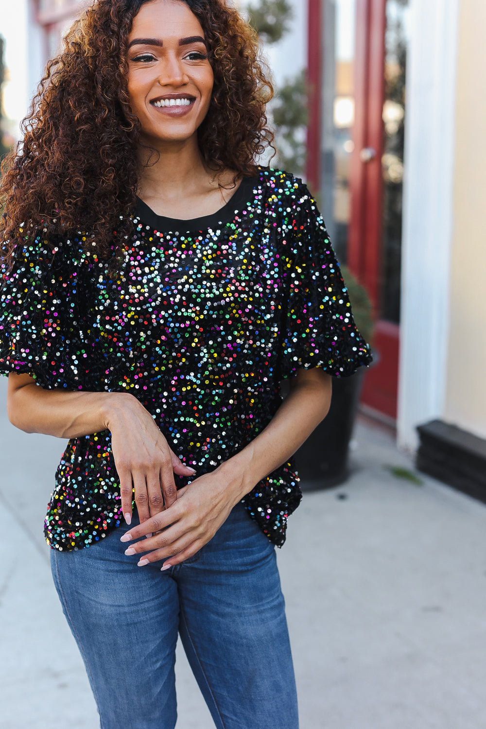 Holiday Ready Black Velvet Multicolor Sequin Puff Sleeve Top-2024 Blow-Out Sale-Modish Lily, Tecumseh Michigan