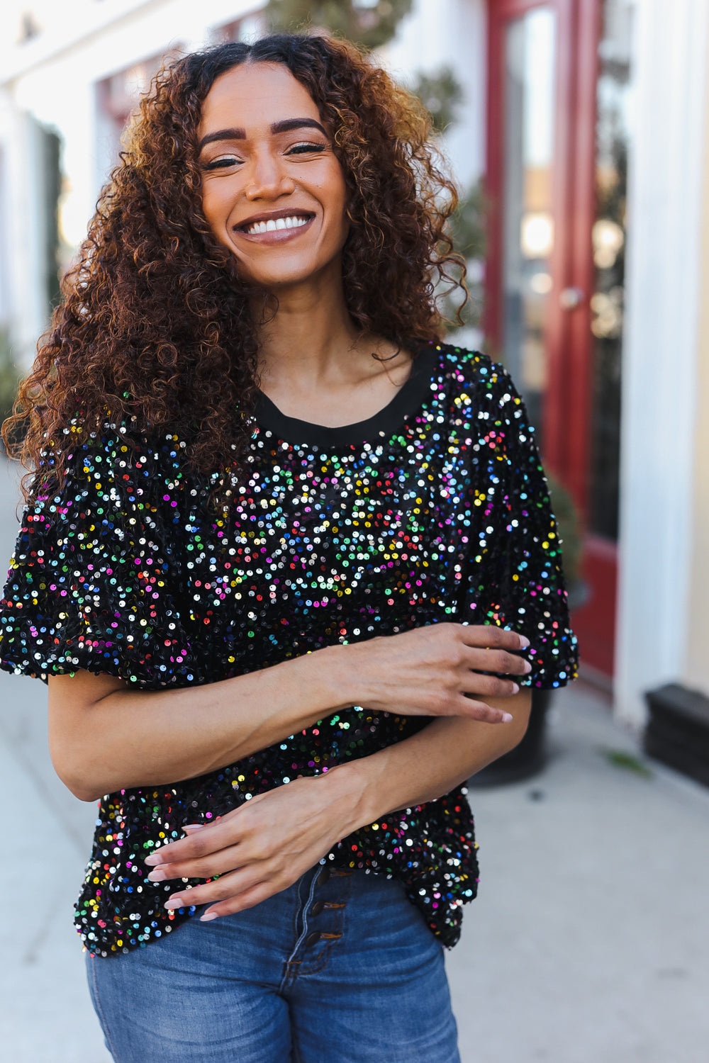 Holiday Ready Black Velvet Multicolor Sequin Puff Sleeve Top-2024 Blow-Out Sale-Modish Lily, Tecumseh Michigan