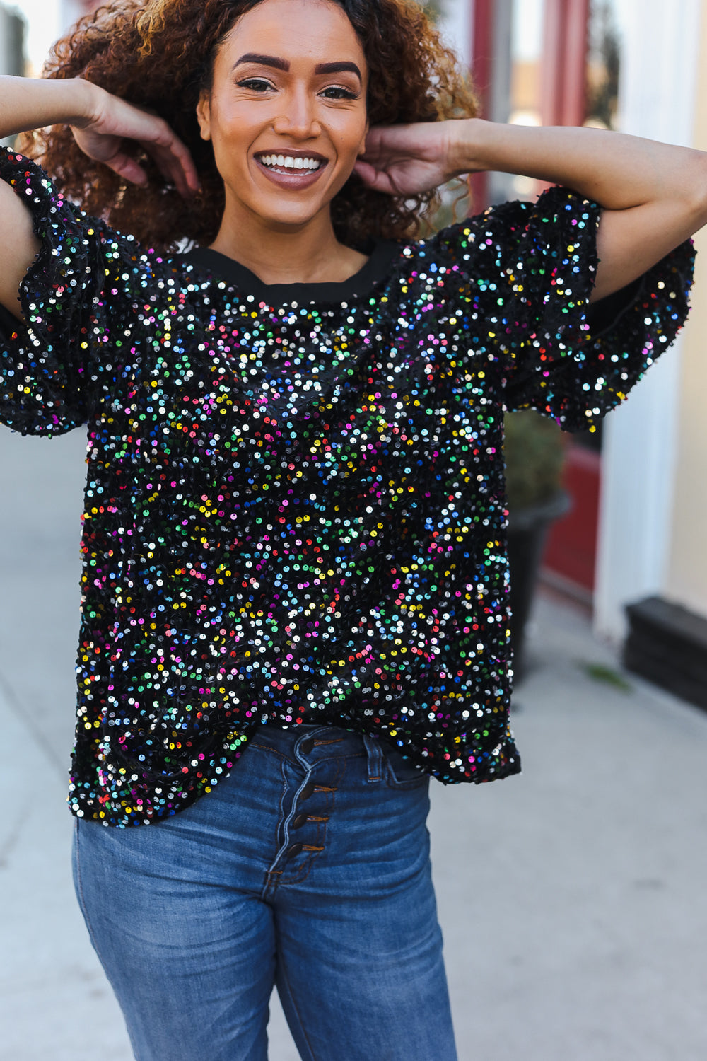 Holiday Ready Black Velvet Multicolor Sequin Puff Sleeve Top-2024 Blow-Out Sale-Modish Lily, Tecumseh Michigan