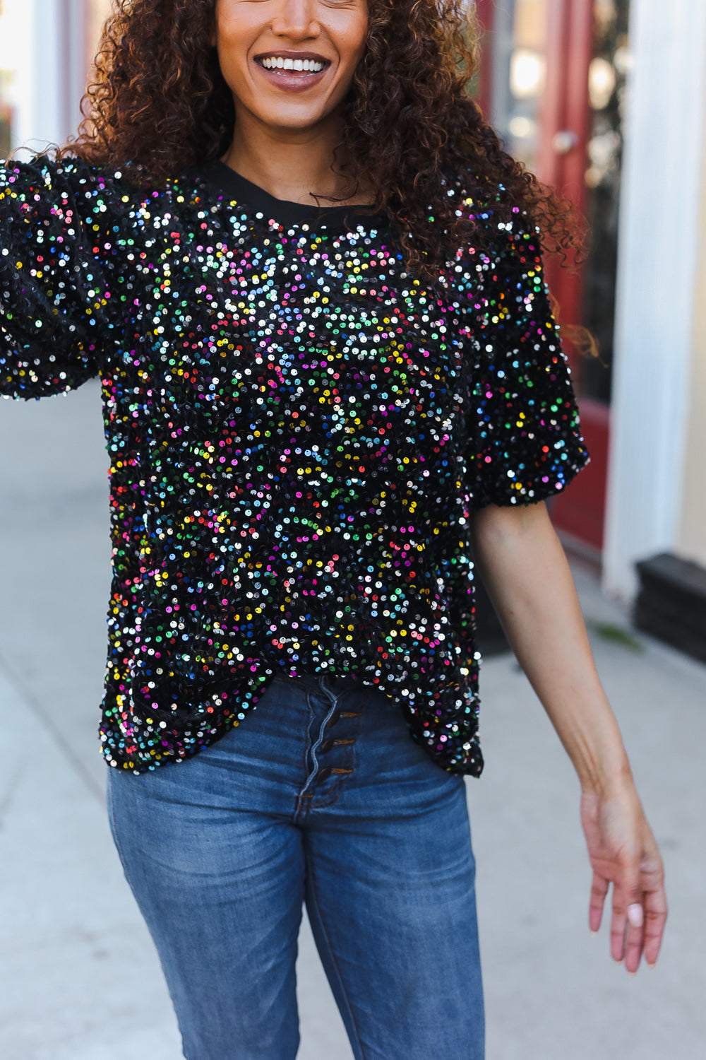 Holiday Ready Black Velvet Multicolor Sequin Puff Sleeve Top-2024 Blow-Out Sale-Modish Lily, Tecumseh Michigan