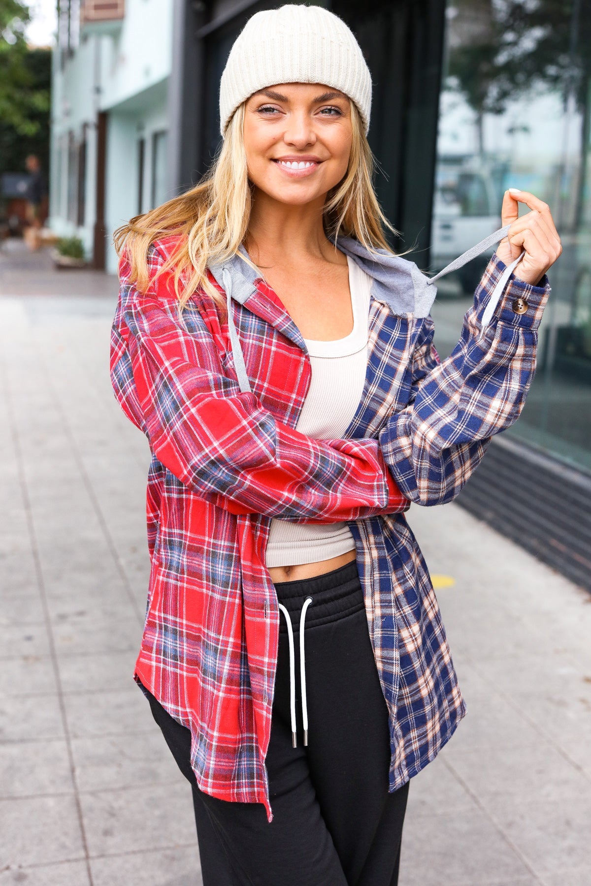 Main Attraction Red & Navy Plaid Color Block Button Down Hoodie-Modish Lily, Tecumseh Michigan